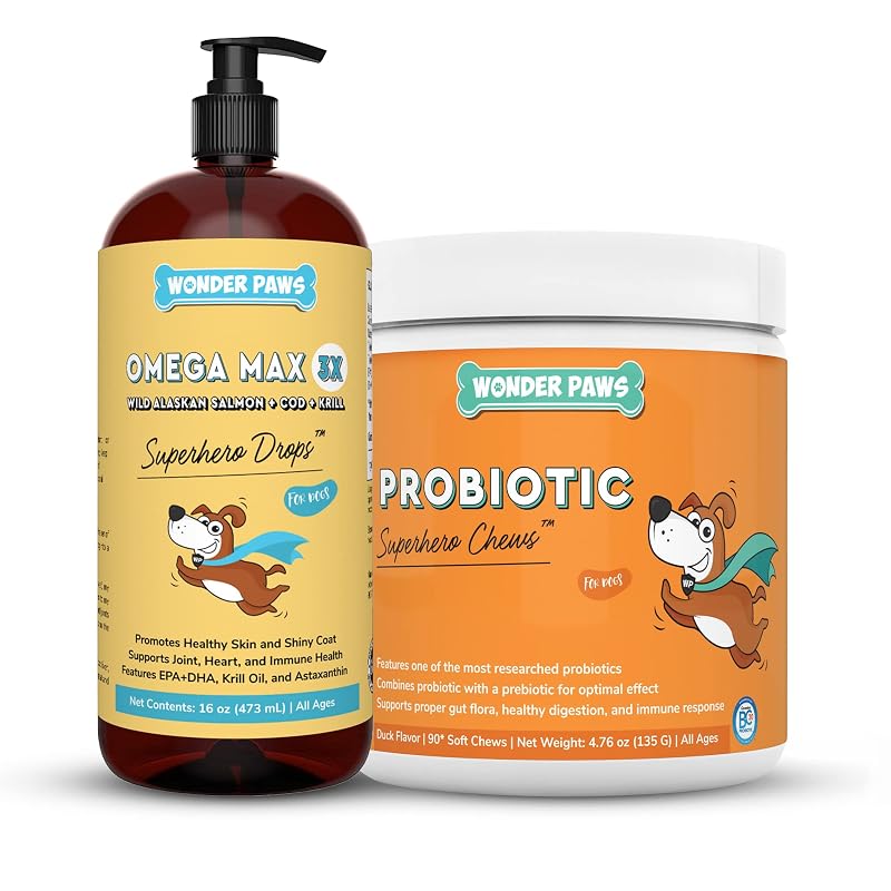 Suplemento para cães com óleo de peixe e probiótico WONDER PAWS Omega Max, 473 mL e 90 mastigáveis