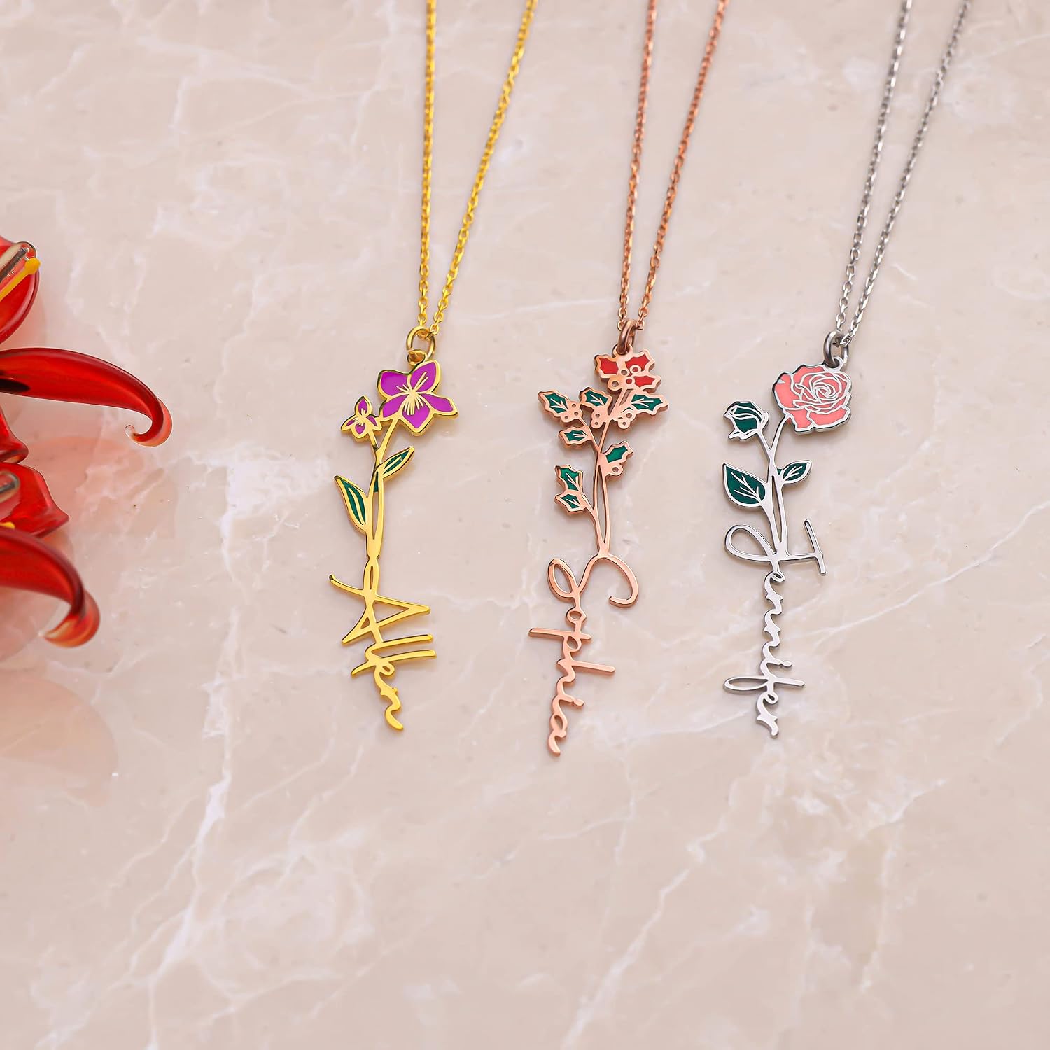 Personalized Birth Flower Name Necklace Custom Name Birth Month Flower Necklace Customized Floral Jewelry for Women Girlfriend Wife image 4