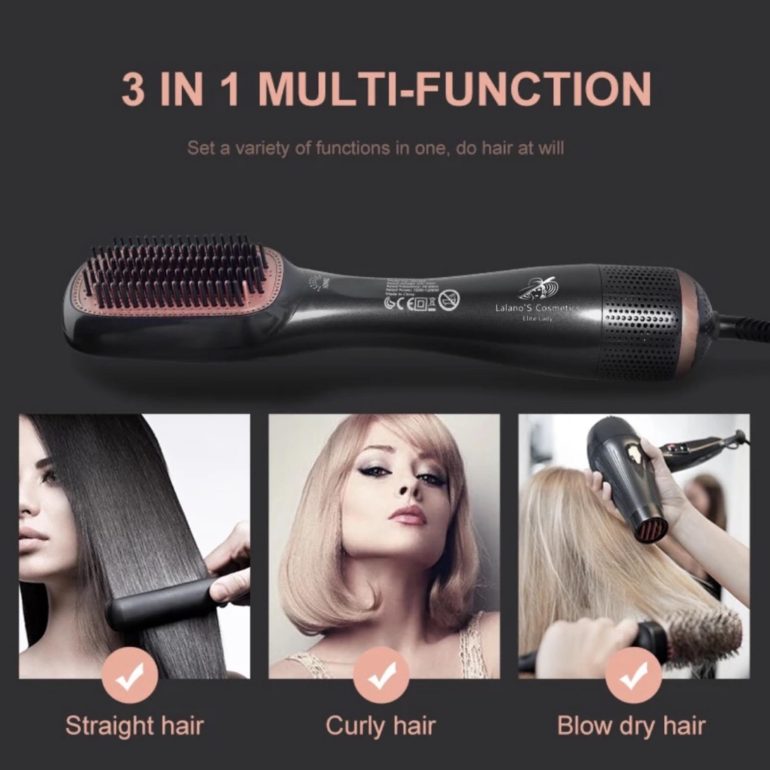 Lalano`S Cosmetics 3-in-1 Profi-Haartrockner & Glättbürste, 1200 W, Keramik-Ionen-Technologie, 3 Temperaturstufen & 2 Geschwindigkeiten, Styling ohne Frizz