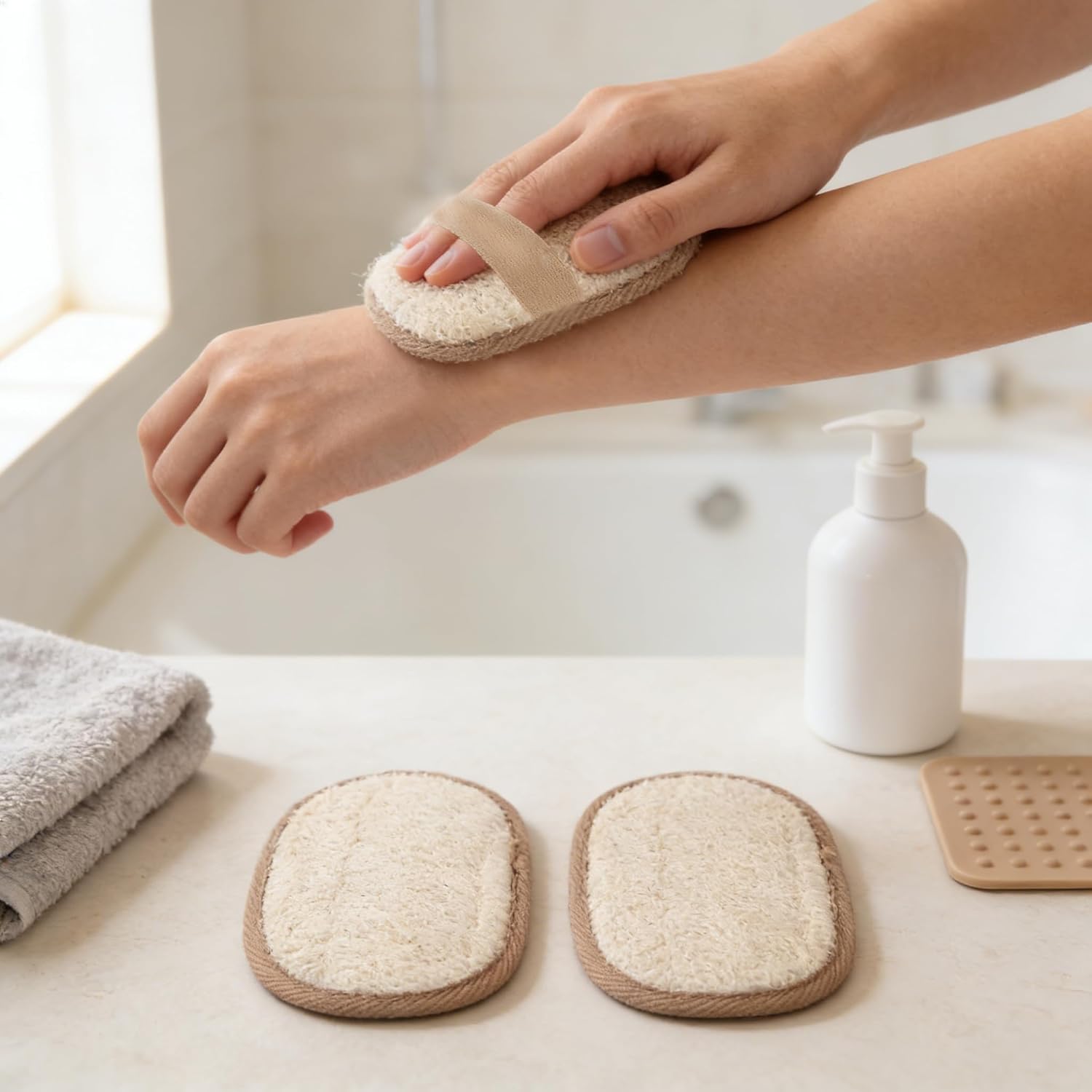 2Pcs Loofah Exfoliating Bath Scrubber Pads, Natural Loofah Body Scrubber Thin Bath Cloth, 8cm*10cm Cotton Linen Pointed Loofah Sheets for Body Exfoliation, Beige Color