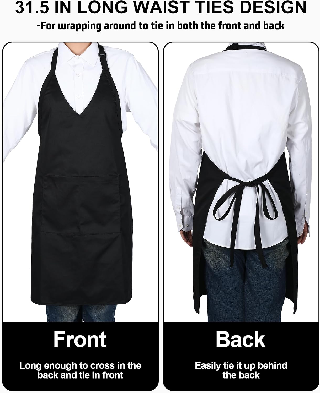 Liitrsh 5 Pcs Unisex V Neck Aprons 2 Pockets Adjustable Black Tuxedo Server Aprons with Long Waist Tie Formal Waiter Pinafore for Banquet Event Server Waiter Bistro Chef Restaurant