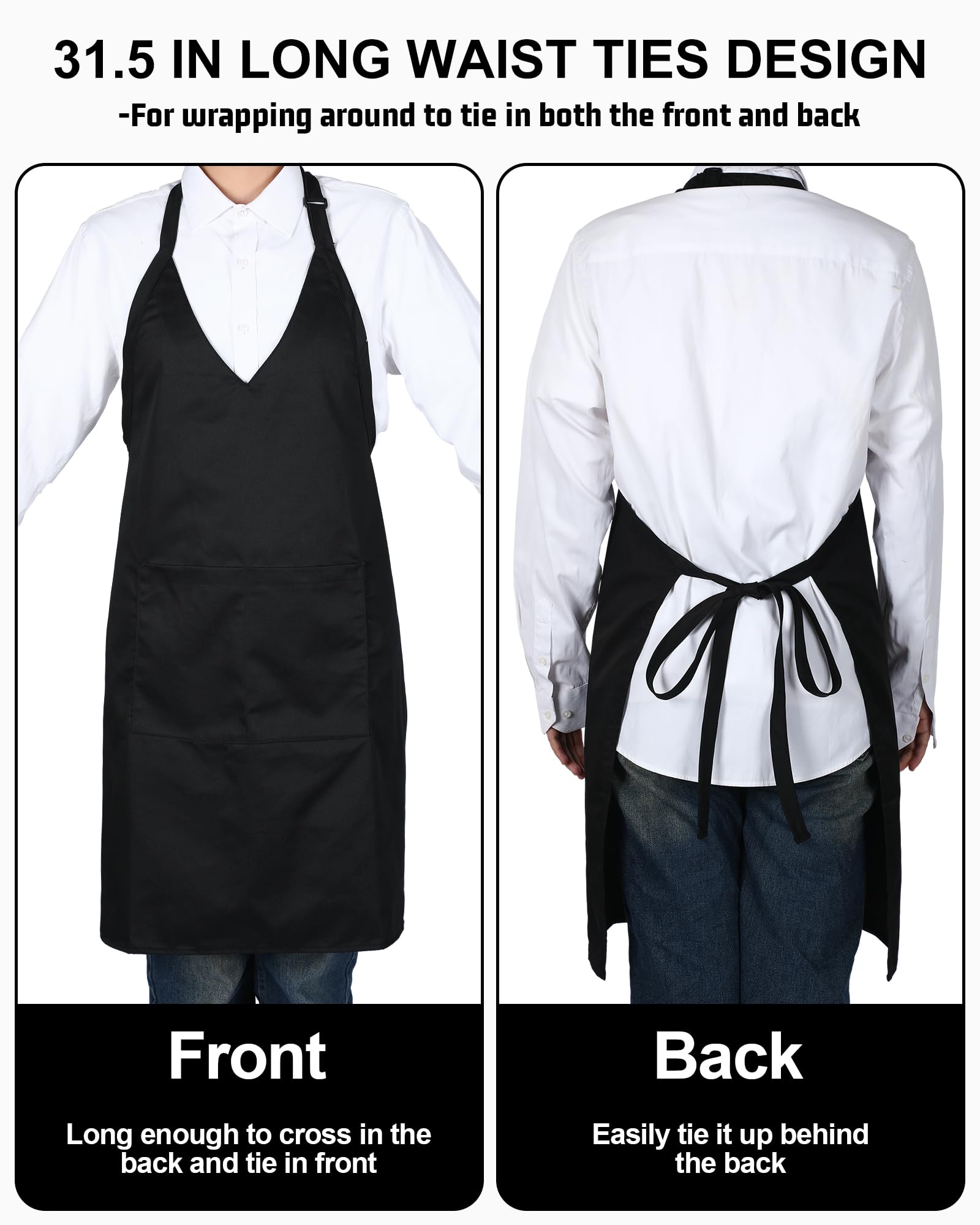 Liitrsh 5 grembiuli unisex con scollo a V, 2 tasche, regolabili, neri, con cravatta a vita lunga, grembiule formale per cameriere, per banchetti, eventi, camerieri, bistrot, chef, ristorante