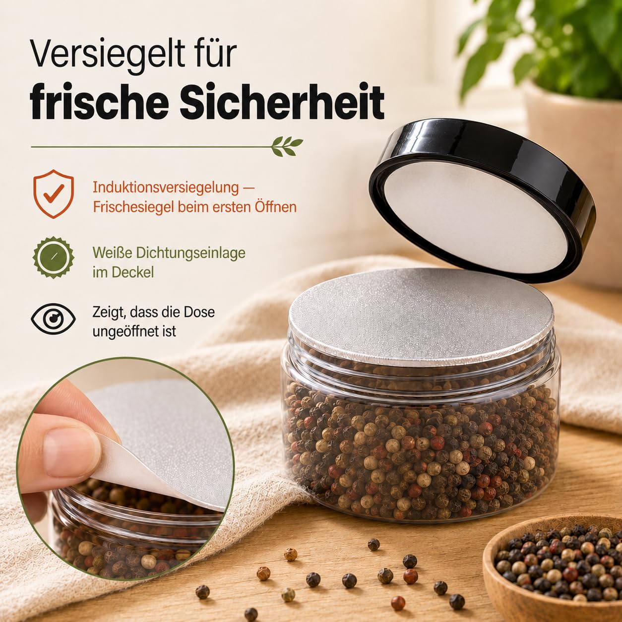 POSH Barattoli ermetici, 50 x 500 ml, in PET per uso alimentare, con coperchio a vite nero, contenitori in plastica trasparente con coperchio per spezie e caffè