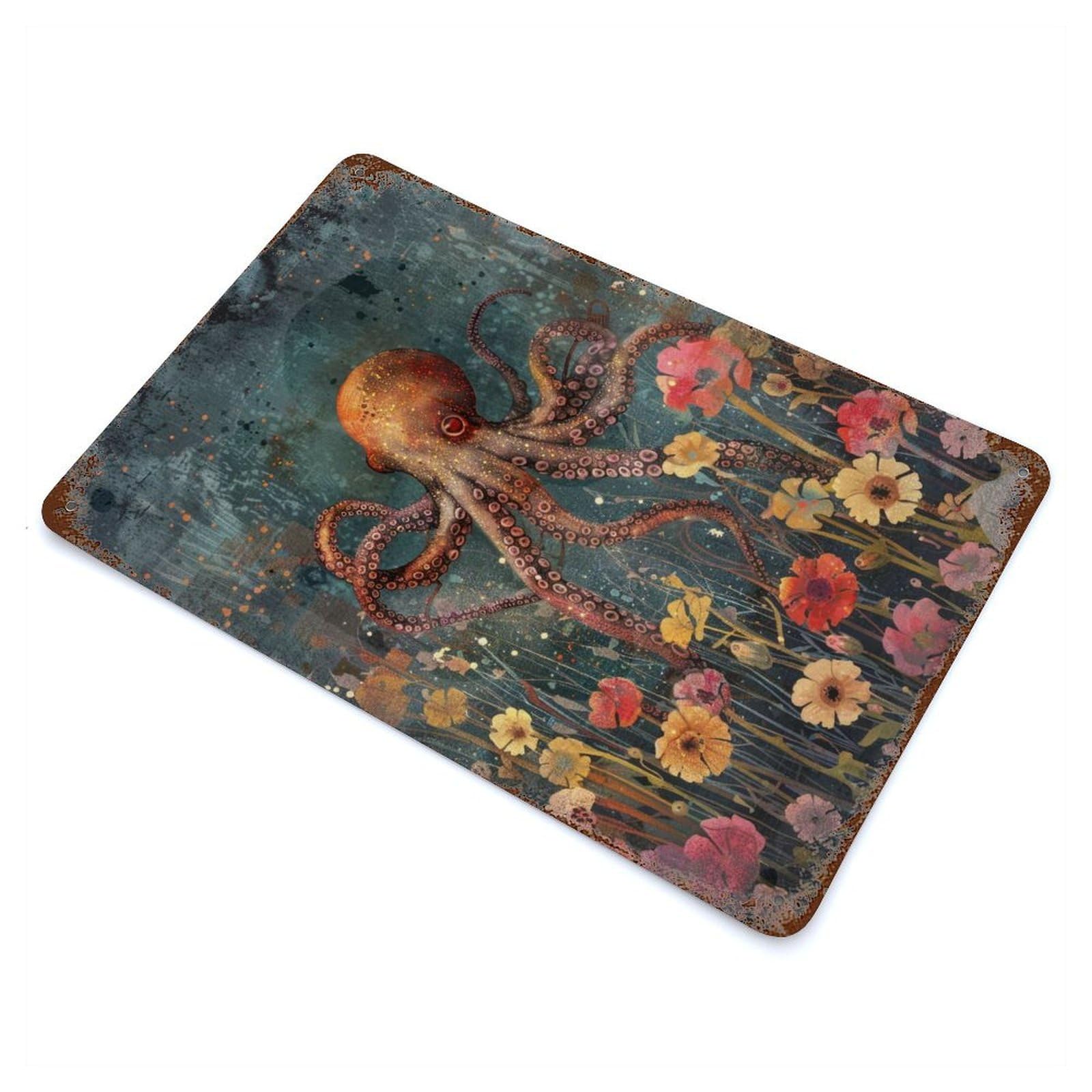 Floral Octopus Rust Effect Tin Sign 11.8"x7.9", Industrial Home Decor for Bistro, Counter And Cafe Decor