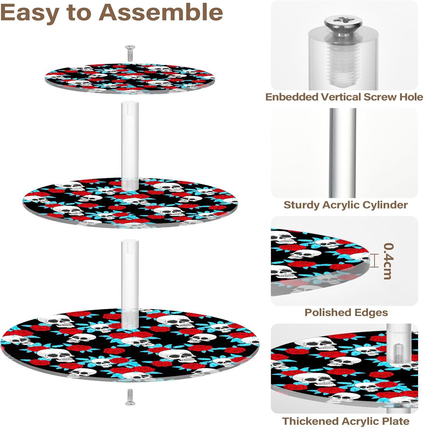 Skull Flowers Floral 3 Tier Acrylic Cupcake Stand, Cupcake Stand for 34 Cupcakes for Weddings, Christmas,Holidays,Parties,Birthday,Printed Cupcake Tower 23300244