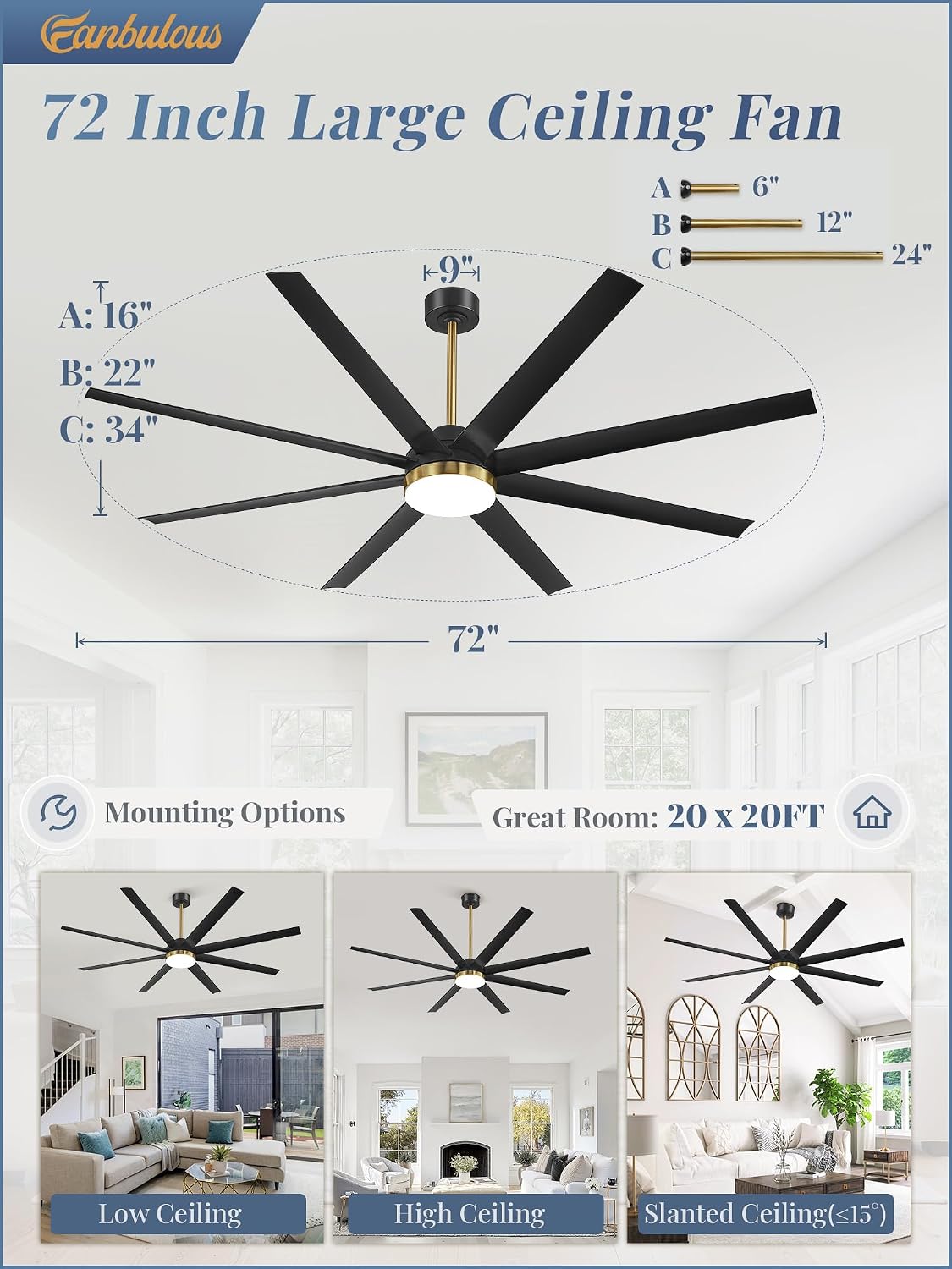 Fanbulous 72 Inch Large Ceiling Fans with Lights, Black Ceiling Fan with Remote Control, Dimmable, 3CCT, Quiet, Modern Ceiling fan For Living Room, Bedroom, Kitchen, Patio, Outdoor