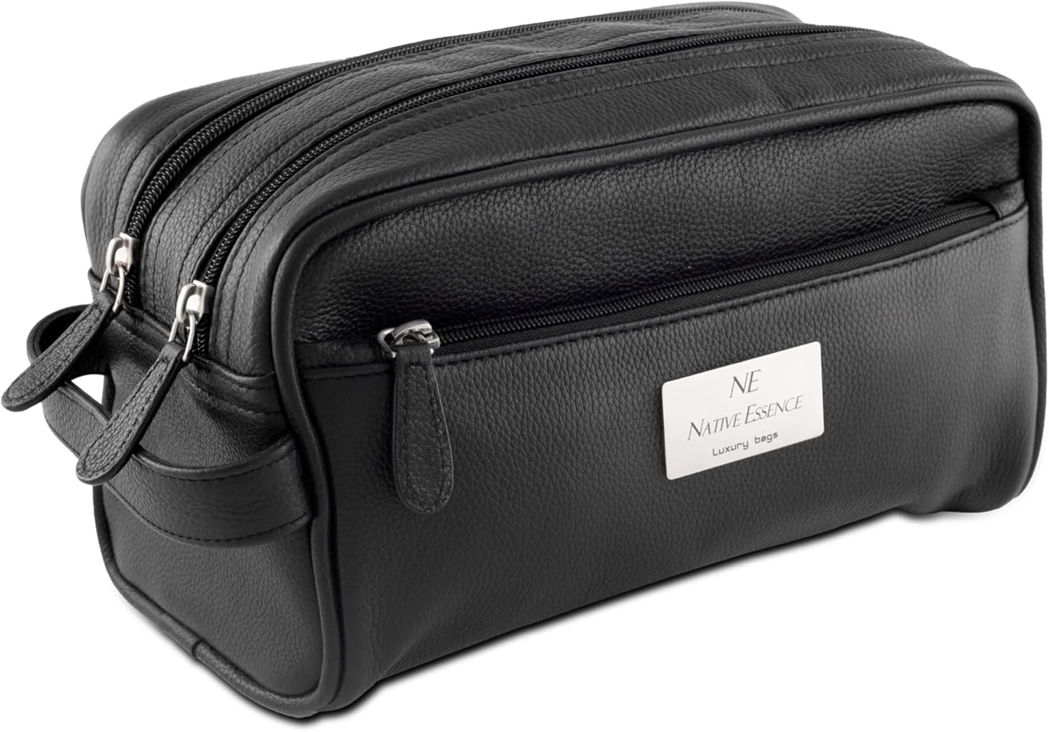 NATIVE ESSENCE Leather Toiletry Bag, Black Genuine Calf Leather Travel Bag, Handmade Cosmetic Pouch, Luxury Shaving Bag, Bathroom Organizer, Stylish Grooming Kit for Men and Women Gift Packed