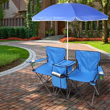 Folding Double Camping Chair w/Umbrella Beverage Holder Carrying Bag Cooler Fold Up Table, Portable Beach Chair for Camping, Picnic, Fishing, Beach (Blue)
