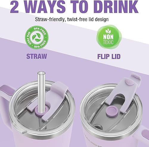 Miniatura 2 de HAUSHOF Vaso de 40 onzas con asa y pajita, vaso de café aislado de acero inoxidable con tapa Tritan, taza de viaje de doble pared, botella de agua,