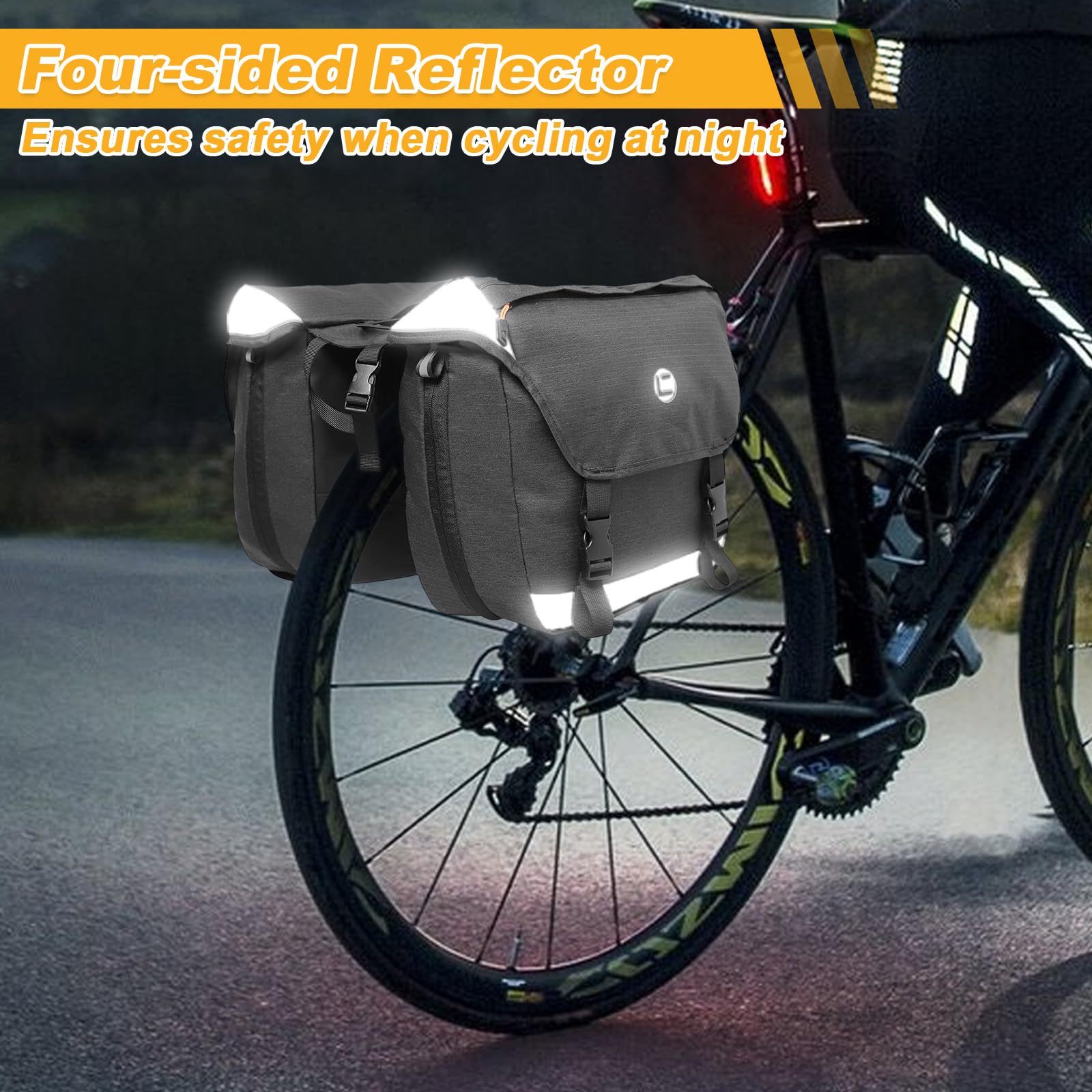 Alforjas Bicicleta con Bandas Reflectantes y Cubierta Antilluvia, Bolsa Bicicleta Doble Impermeables, Alforja Asiento Trasera Portaequipajes Extensibles Capacidad Gran para Ciclismo Viajes Camping