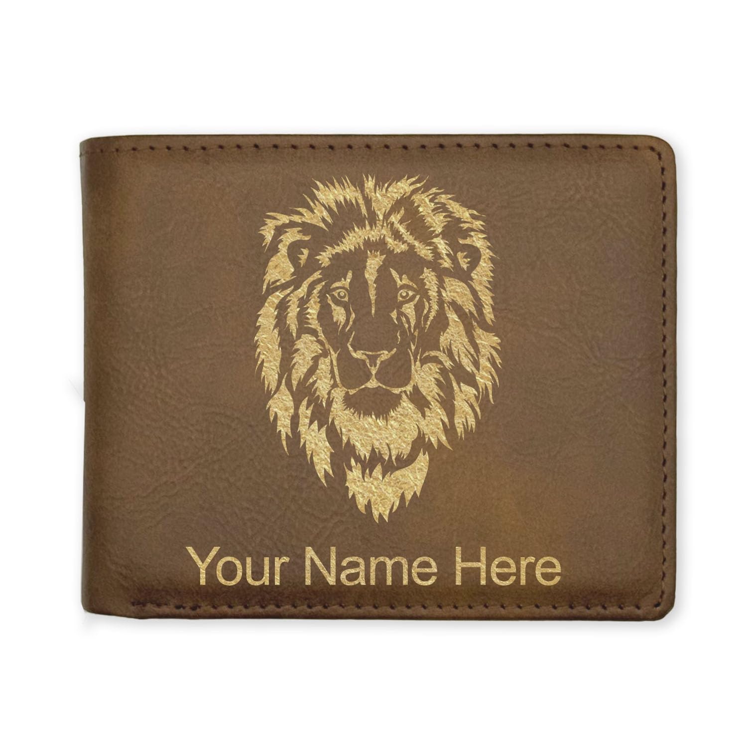 LaserGram Faux Leather Bi-Fold Wallet, Lion Head, Personalized Engraving Included (Rustic with Gold)
