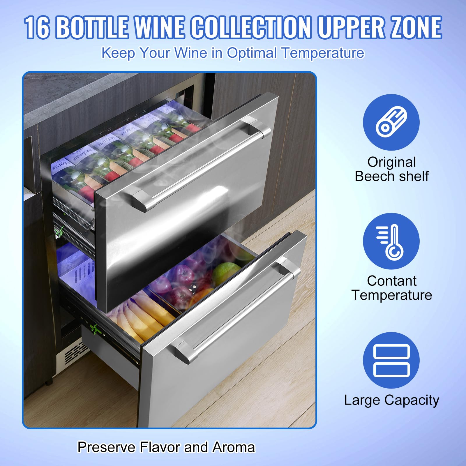 Happybuy 24" Undercounter 2-Drawer Wine Fridge, Dual Temperature Zones, 4.87 Cu.Ft, Waterproof For Indoor/Outdoor, Home & Commercial Use on Fridge.com - View 4