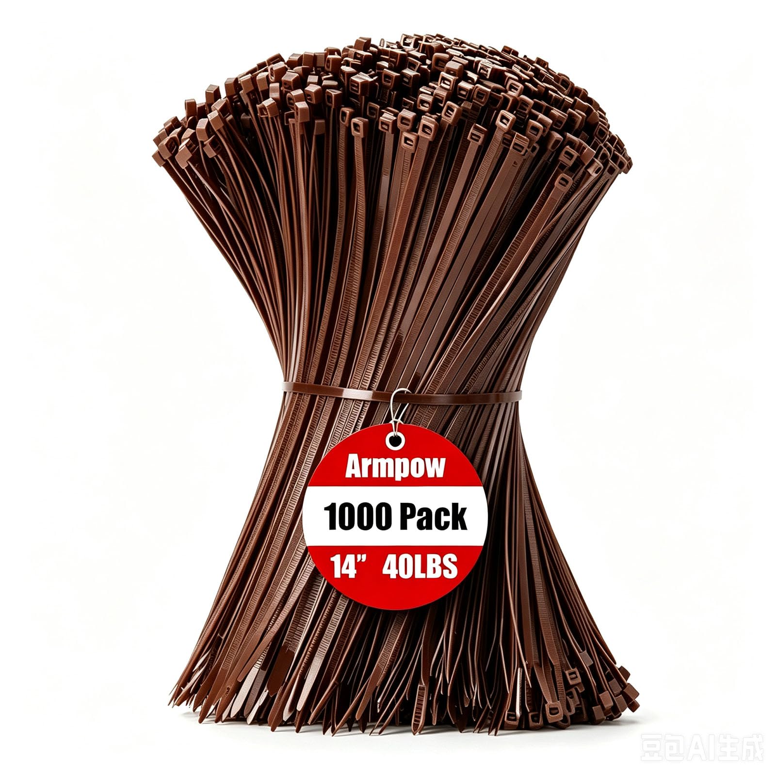 Armpow 14 Inch Zip Ties Brown 1000 PCS, 40 Lbs- Heavy Duty Tensile Strength, Nylon PA66 UV Resistant Cable Ties for Indoor and Outdoor Use - Ideal for object bundling and fastening