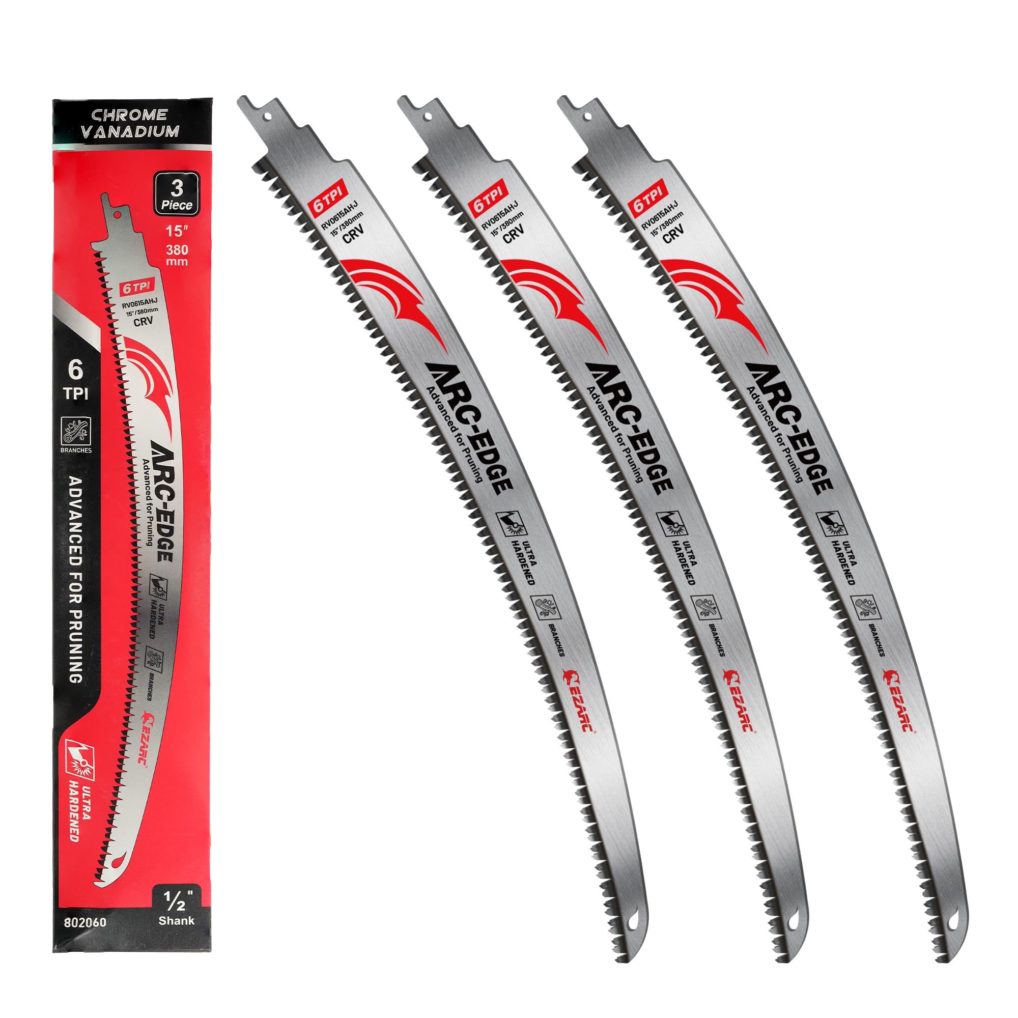 EZARC Reciprocating Saw Replacement Blades for Live Trees, Curved Blade, Total Length 15.0 inches (380 mm), 6-Thread, High Speed Cut, Chrome Vanadium Steel, Shredding Life, Pruning Branches and Trunk (Pack of 3)