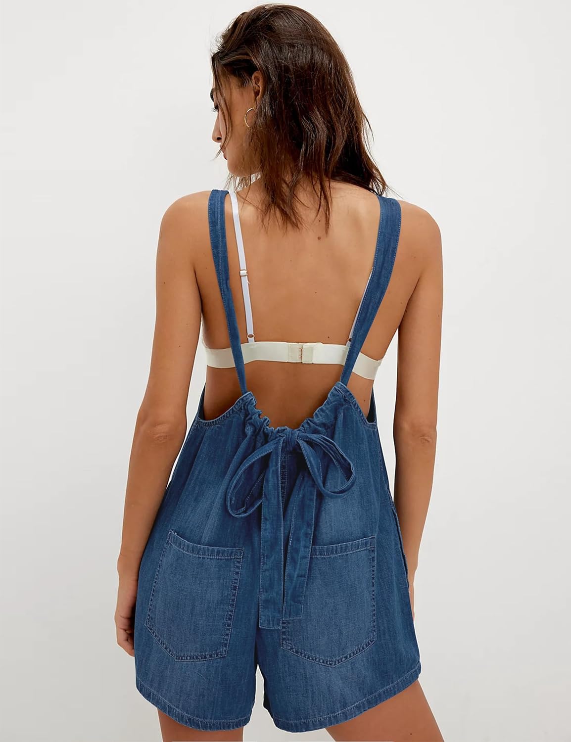 POTILI Denim Romper Overall Shorts for Women Adjustable Strap Tie Backless Jean Rompers Bib Shortalls with Pockets Summer