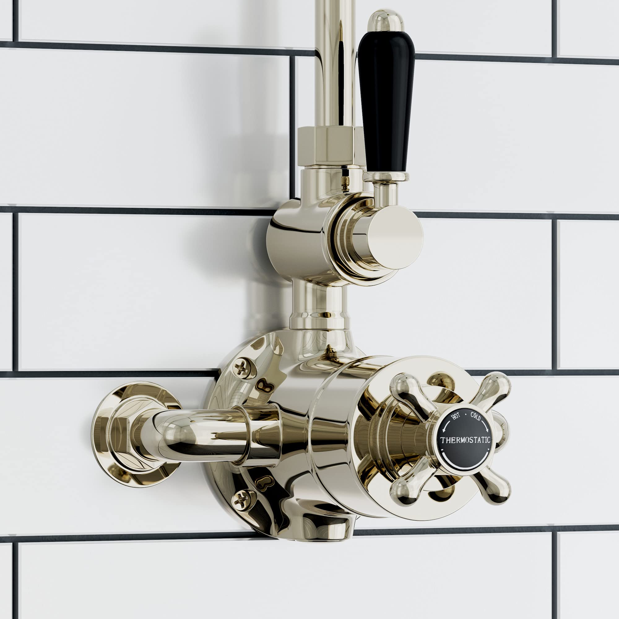 Enki Gold And Black Downton, T90, Single Shower Unit Outlet, Twin Thermostatic Shower Valve Outlet, Gold Black Lever Shower Tap Attachment For Bathroom Showers, Traditional Shower Valve Style