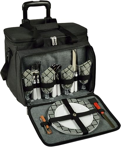 Picnic at Ascot Insulated Picnic Cooler with Service for 4 on Wheels-Designed & Assembled in The USA