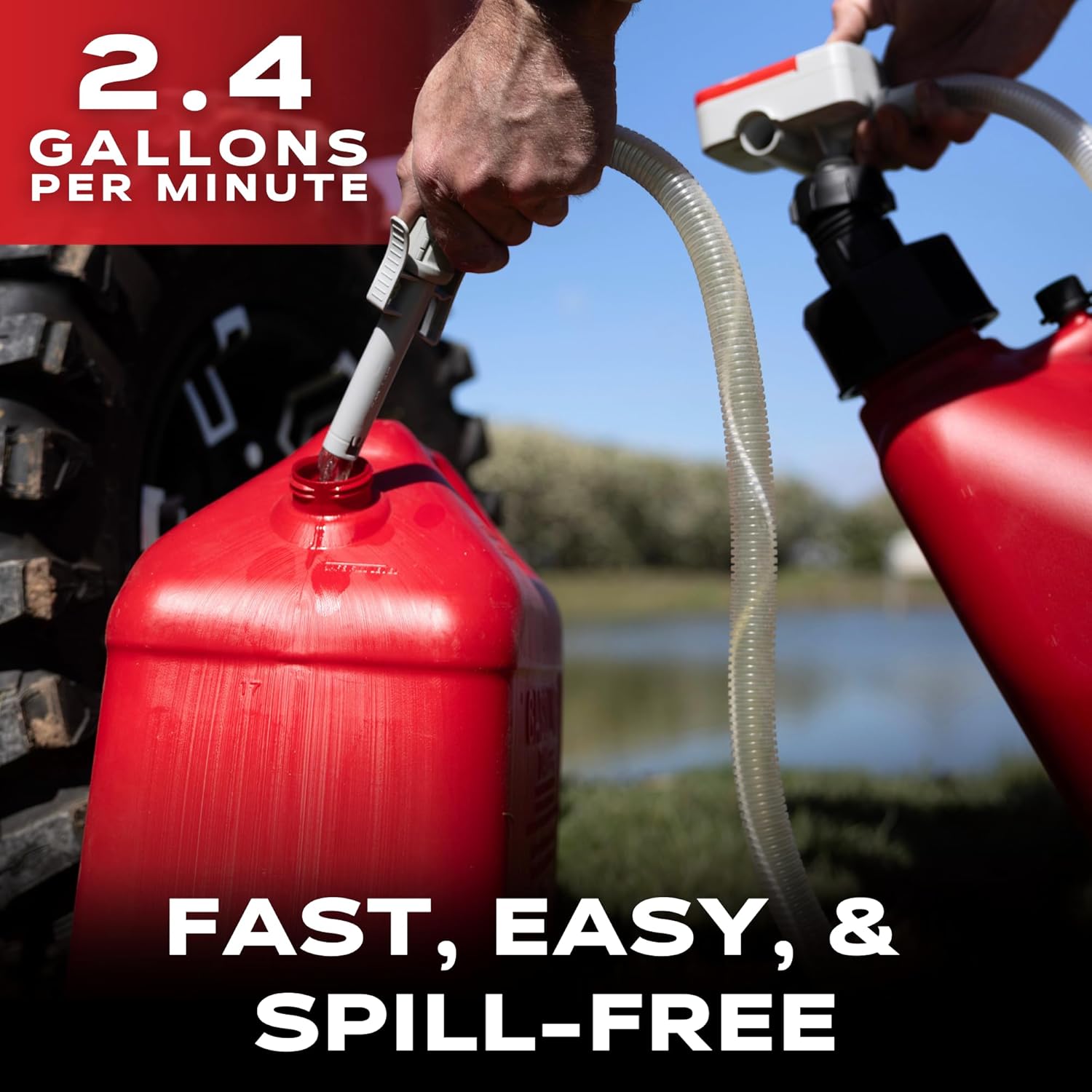 EZ-POUR Automatic Fuel Transfer Pump Battery Powered - with Auto-Stop for Spill Prevention - 3 Adapters Included for Most Size Gas Can, Gas Tank, Fuel Transfer Tank - Fuel can NOT included (EZTP1001)