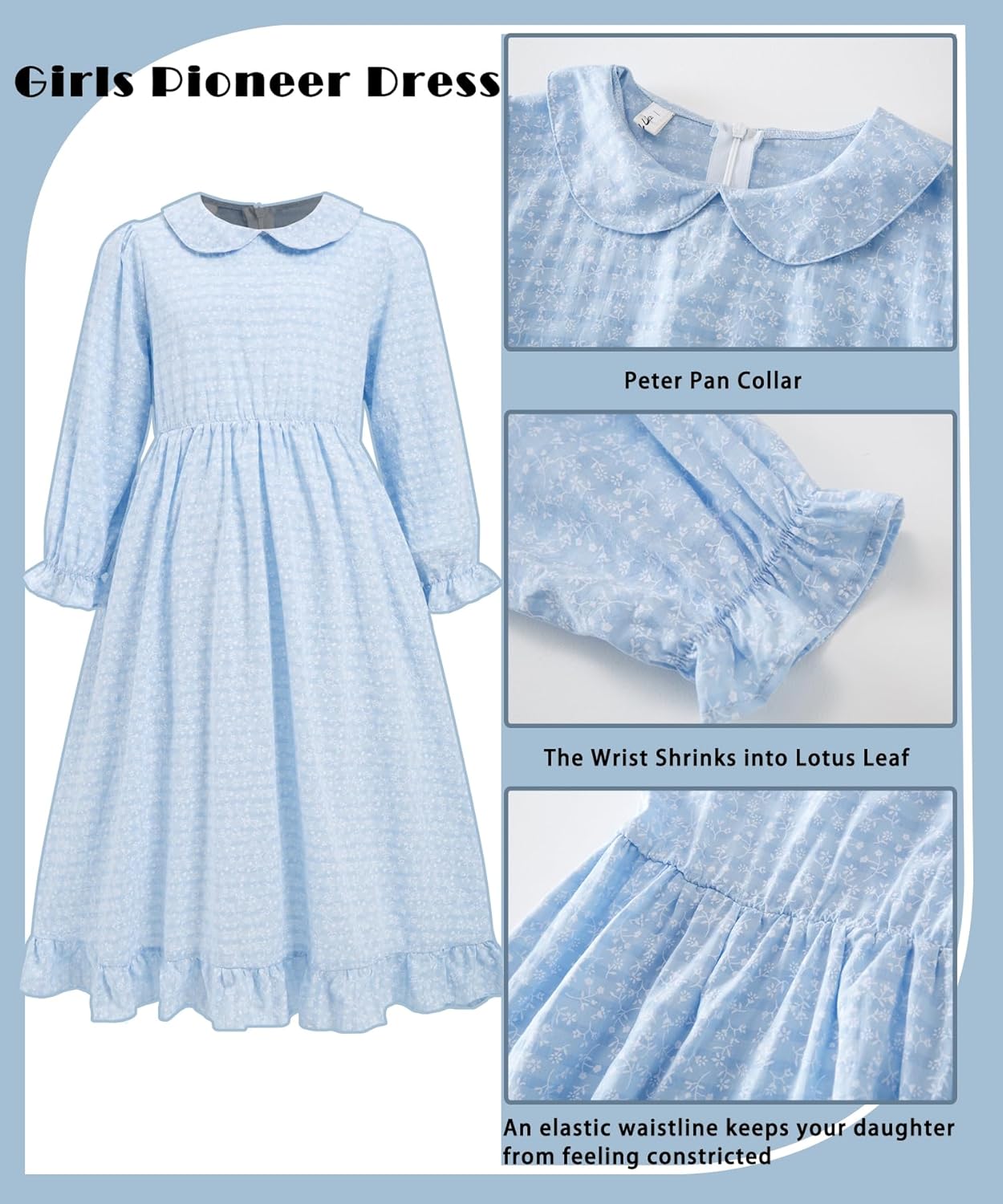 Pioneer Dresses for Girls Prairie Colonial Costume Long Sleeves Laura Ingalls Pilgrim Costume