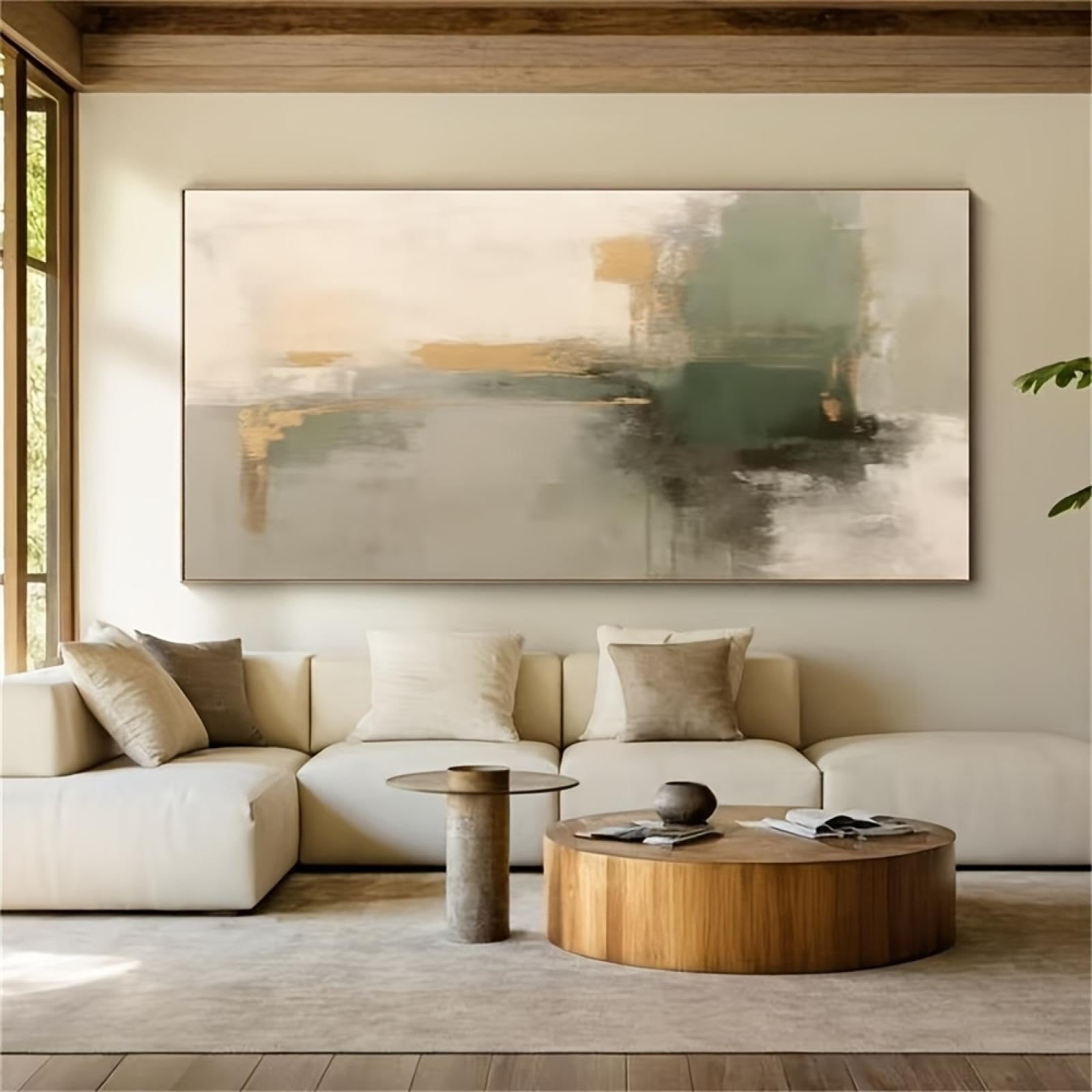 DFZEWKI Großer abstrakter Ölgemäldedruck auf Leinwand, modernes grün-goldenes Beige, Wandkunst, Leinwandbild, Kunstwerk für Wohnzimmer, 70 x 140 cm, rahmenlos