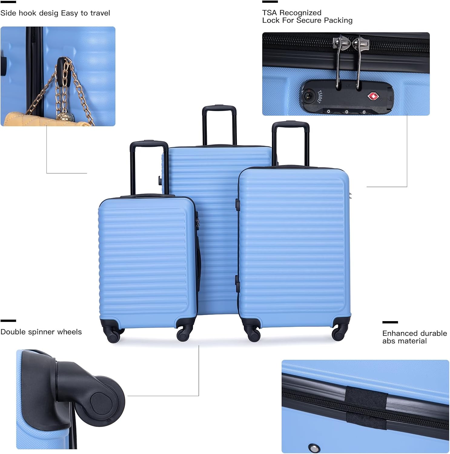 Tripcomp Luggage Sets 3piece Set Hardshell Luggage with Spinner Wheels, TSA Lock, Travel Suitcase Sets, 20 Inch Carry On, 24 Inch Mid-size, 28 Inch Large siutcase (Light Blue)