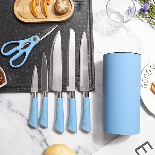 Miniatura 4 de Juego de cuchillos de cocina, juego de 7 cuchillos de cocina azules con bloque redondo, juego de cuchillos afilados de acero inoxidable para cocina