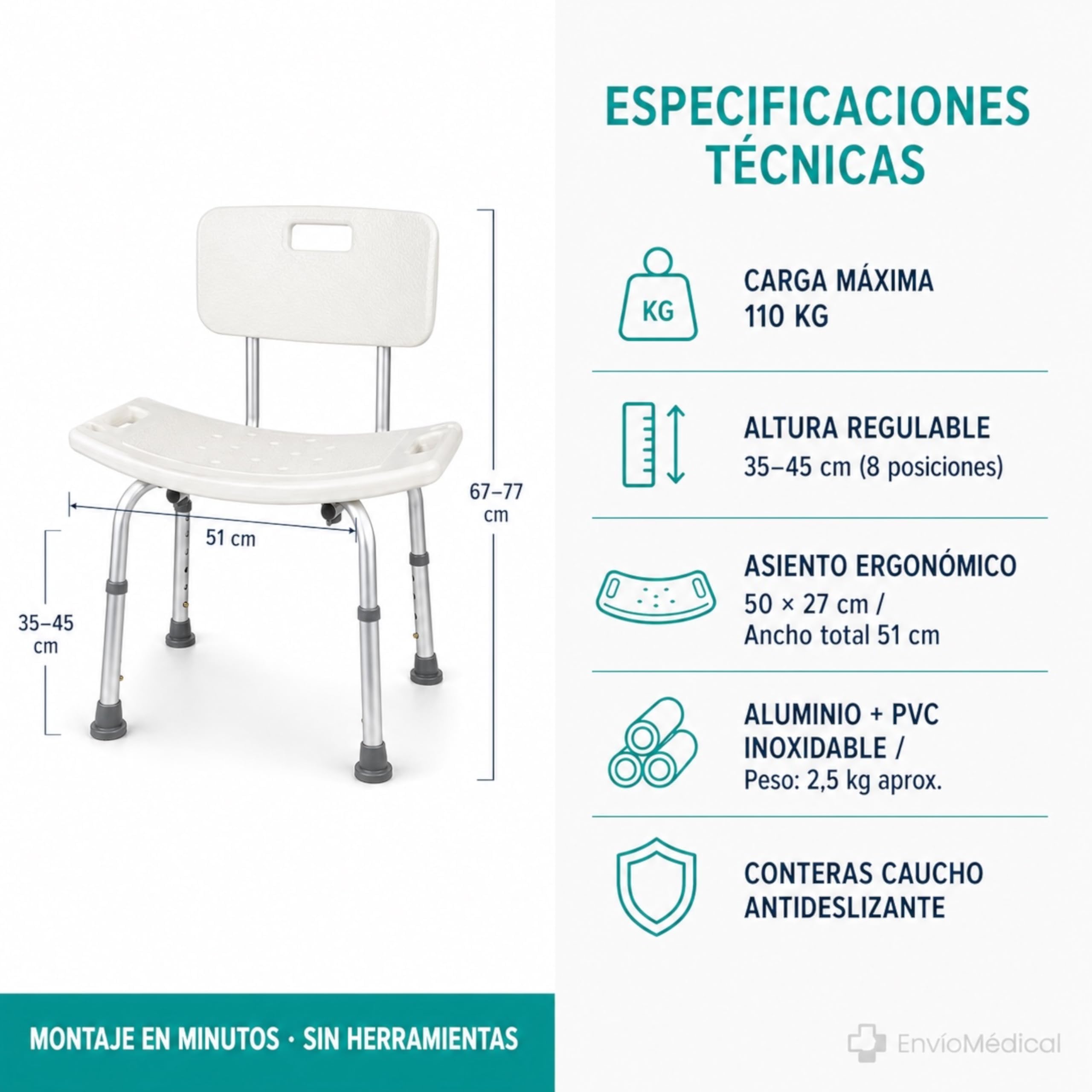 Silla de Ducha para Personas Mayores con Respaldo. Altura Regulable. Asiento de Baño Antideslizante de Aluminio. Soporta hasta 110kg. Silla de Ducha para Movilidad Reducida, Discapacitados y Ancianos