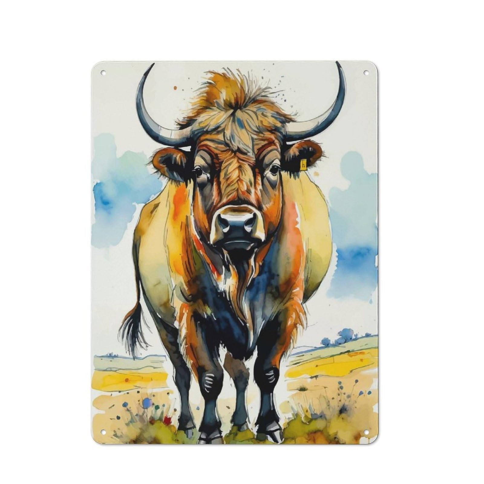 Junmoney Watercolor Highland Cow Portrait Retro Tin Sign 40X30cm For Lounge Or Reading Corner, Gift For Lounge Decor Fans During The Christmas Season