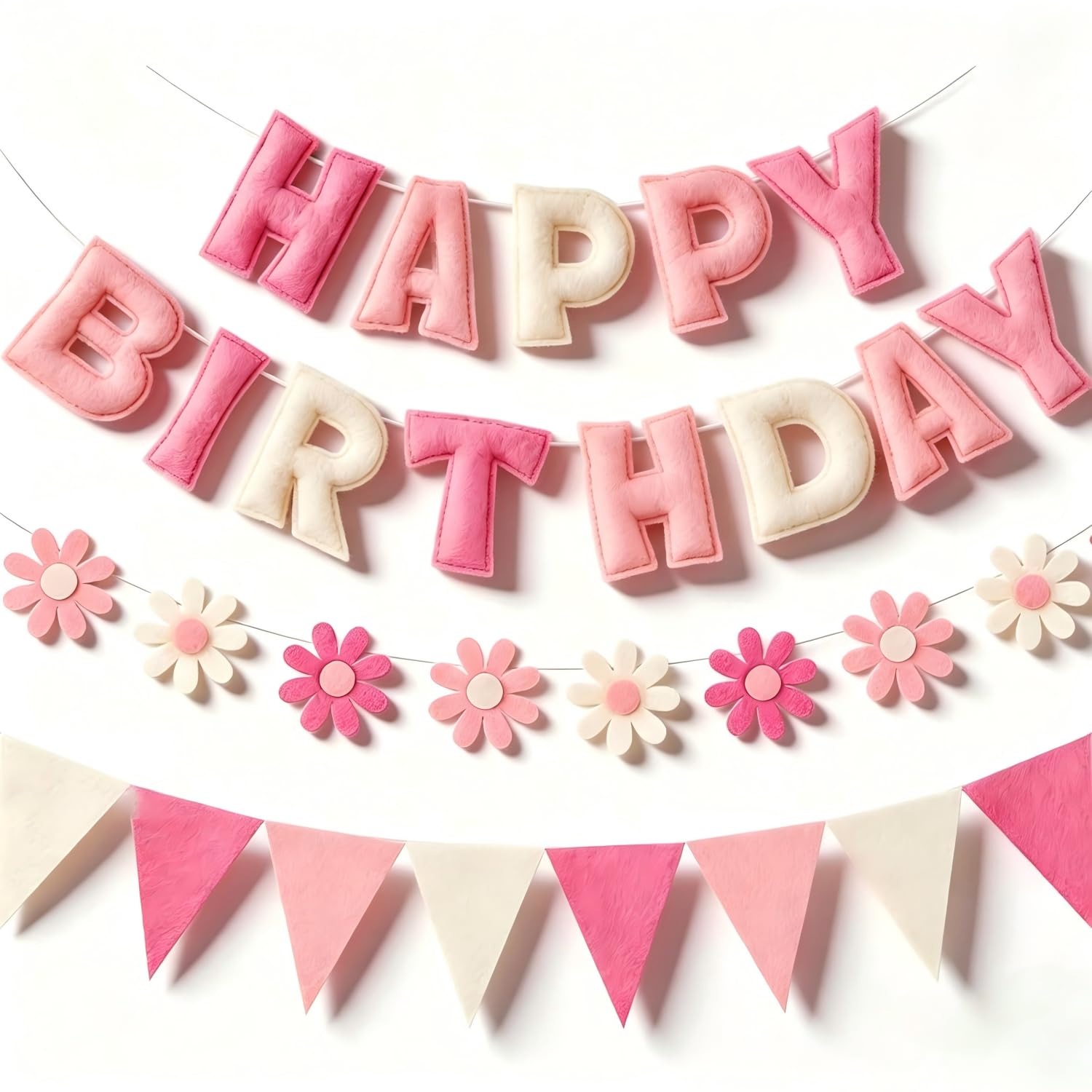 Pink Felt Happy Birthday Bunting Banner, Pre‑Strung 10x10CM Felt Letter Garland with Flowers and Pennant String, Reusable Birthday Party Decorations for Kids Adults