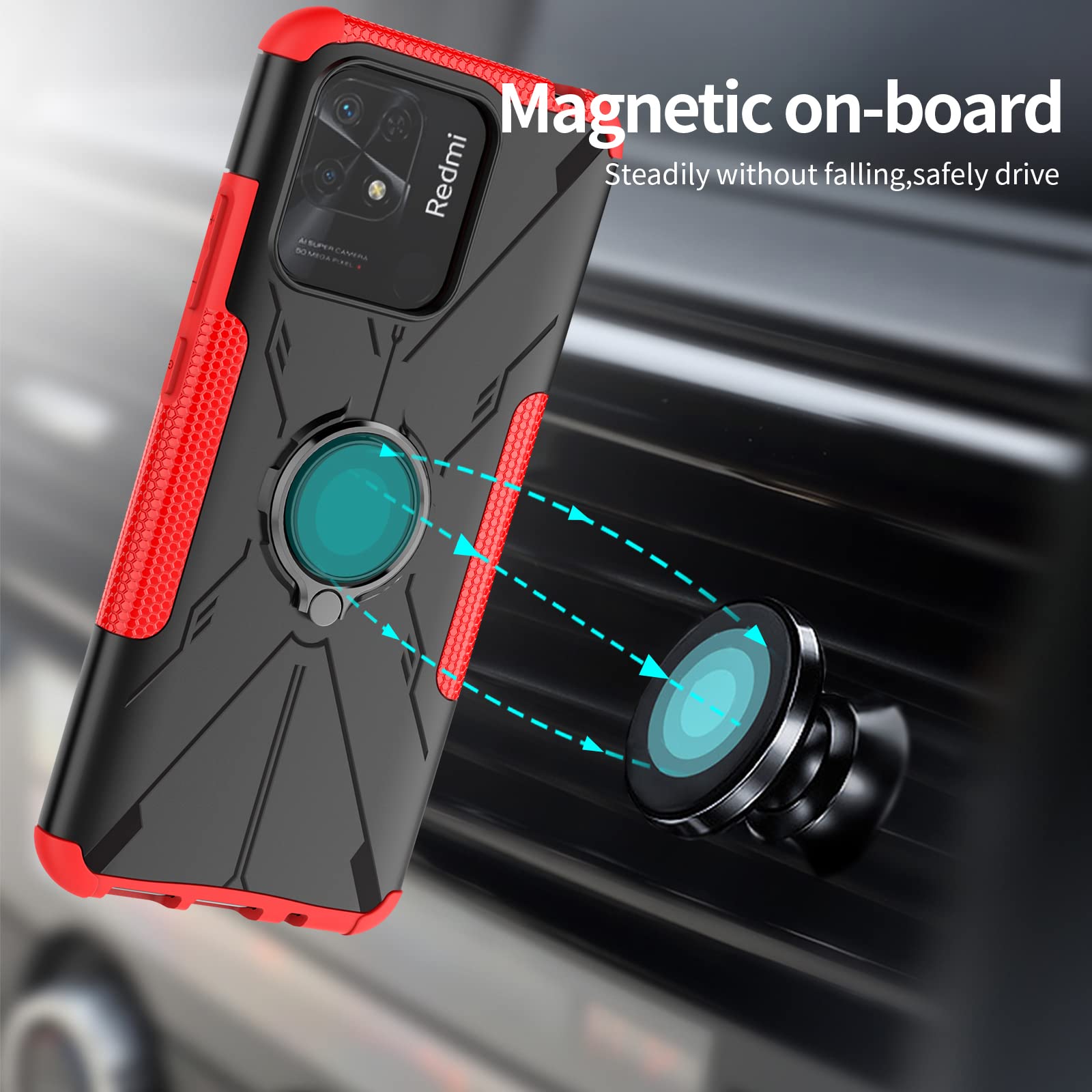 Custodia MUMOYAN Per Xiaomi Redmi 10C – Ibrida 2 In 1 (TPU+PC), Anello Girevole 360°, Supporto Magnetico Per Auto, Grado Militare, Blu