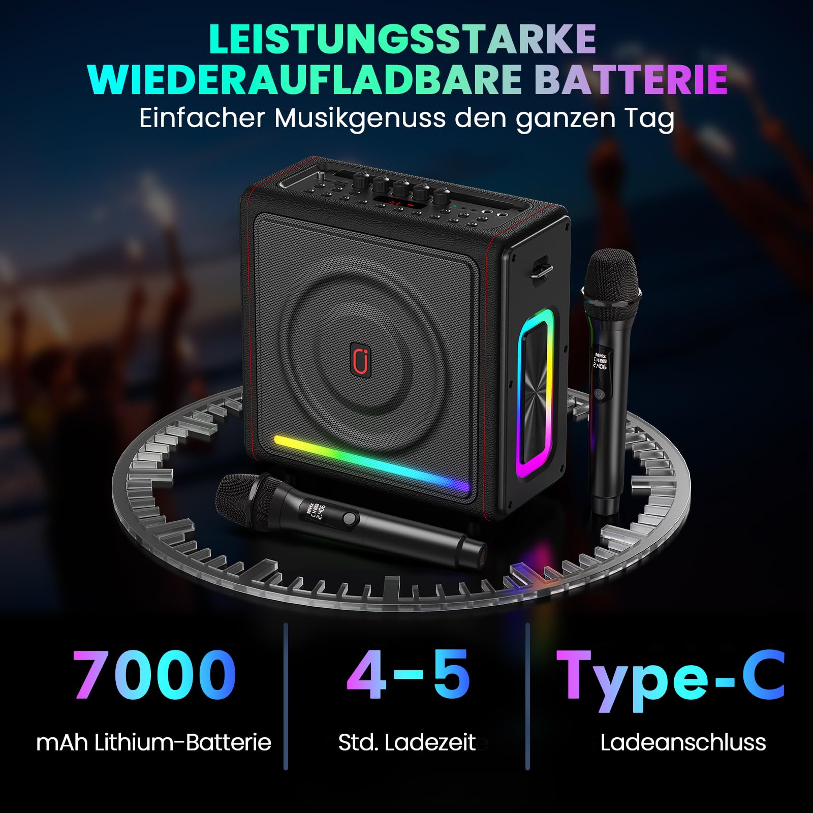 HWWR Karaoke Maschine mit 2 Mikrofone Tragbarer Bluetooth Lautsprecher mit Lichteffekte für Erwachsene/Kinder, Unterstützt TF/USB, FM, Rec, AUX in, TWS für Party