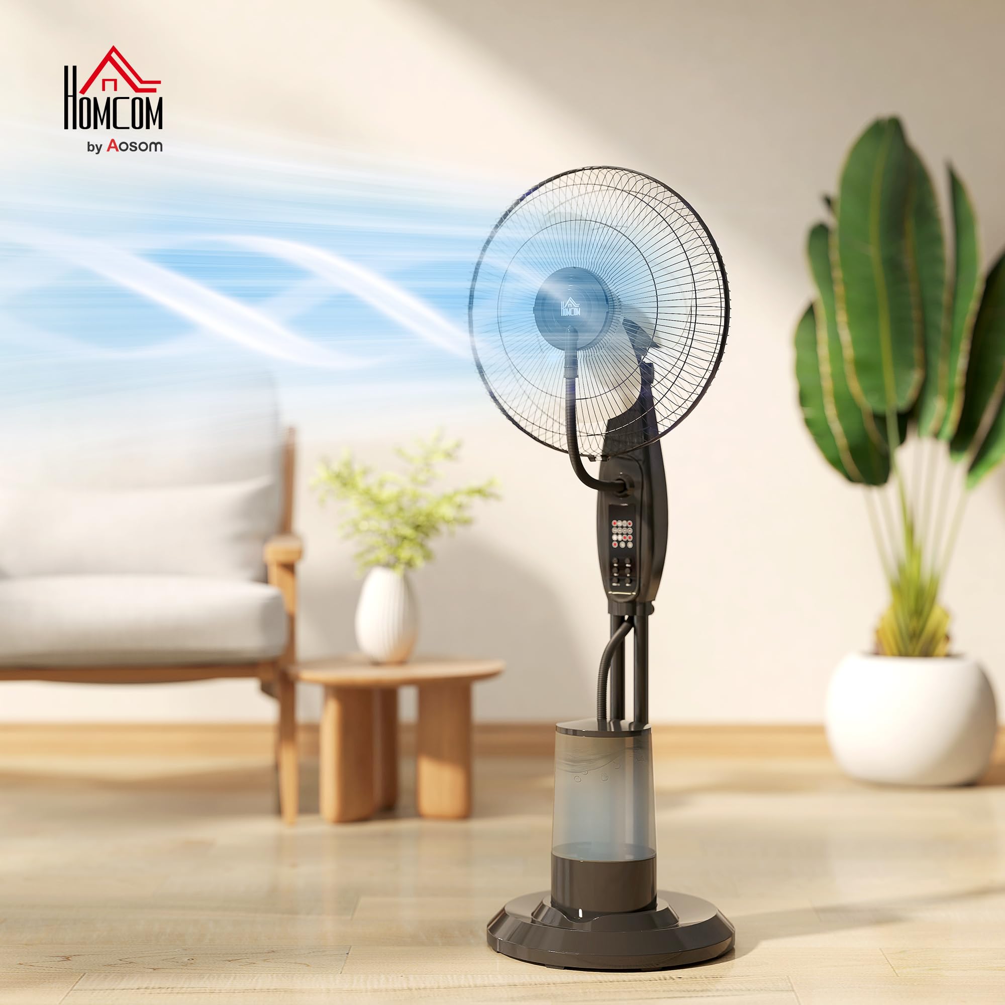 HOMCOM Ventilatore Nebulizzatore 75W con Serbatoio 3.2L, 3 Modalità | 3 Velocità, Ventilatore a Piantana, Inclinazione 10°, Oscillazione 70°, Timer 7.5h, Telecomando, 120cm