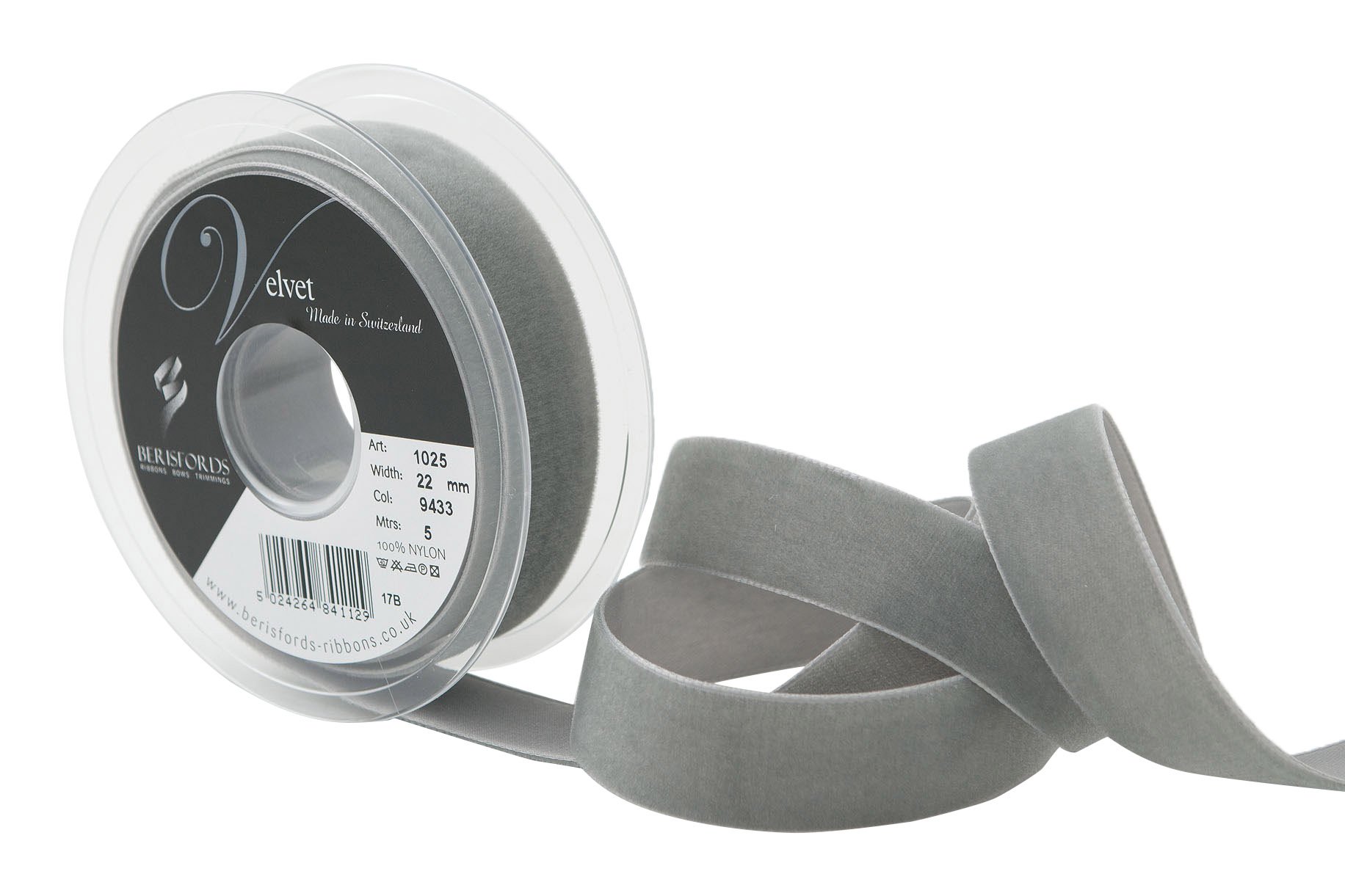Berisfords Grey Velvet Ribbon, 102 X 30 X 102 Cm