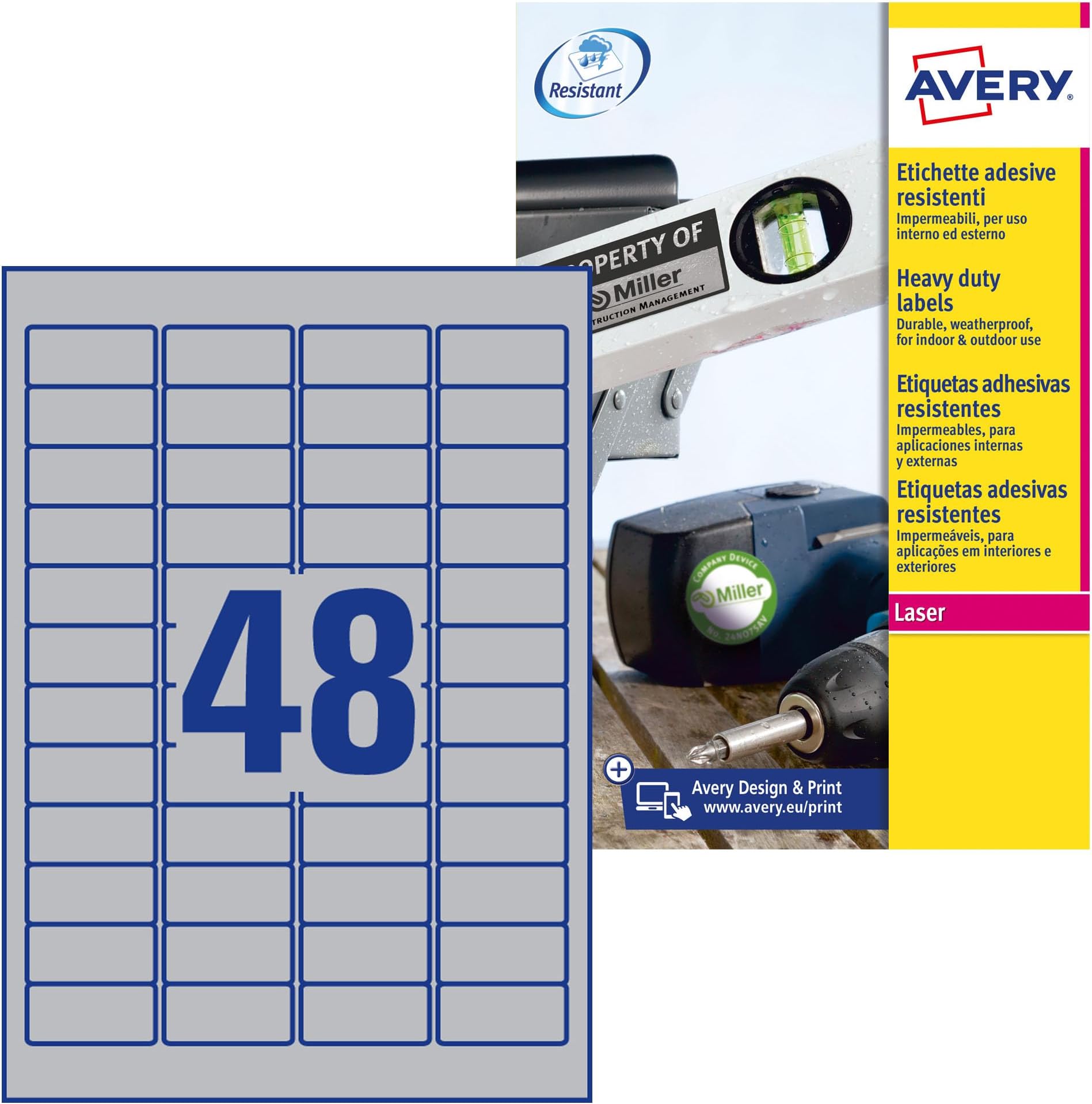 AVERY Zweckform L6009-100 Name Plate Foil Labels (4,800 Stickers, 45.7 x 21.2 mm on A4, Strong Self-Adhesive, Heavy Duty, Weatherproof, Printable Adhesive Film, Blank) 100 Sheets, Silver