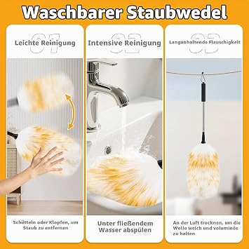 190 cm Lambswool Telescopic Duster - Extendable up to 190 cm for High Surfaces and Sensitive Devices Washable and Scratch-Proof (1 Lambswool Duster + 1 Replacement Head)