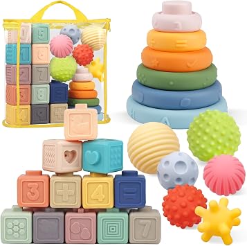 Plunack Sensory Toys Baby Blocks - 24Pcs Soft Building Blocks, Montessori Stacking Blocks & Teething Toys for Babies 6 9 12 Months, Educational Squeeze Sensory Play Toys Gifts for 1 2 3 Year Old
