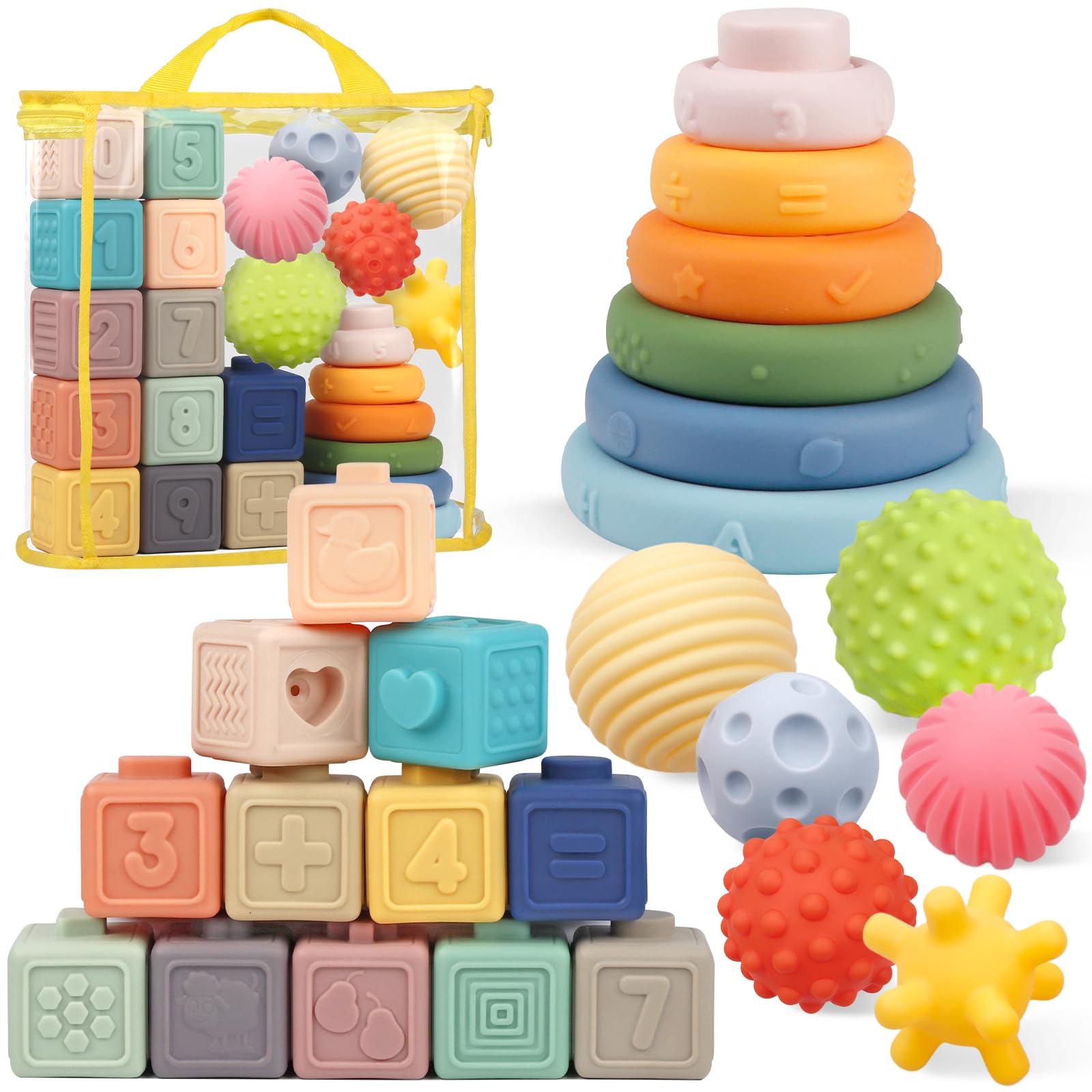 Plunack Giocattoli Montessori per Bambino 18 Mesi - Soft Building Blocks giochi Sensoriali impilabili con Anelli