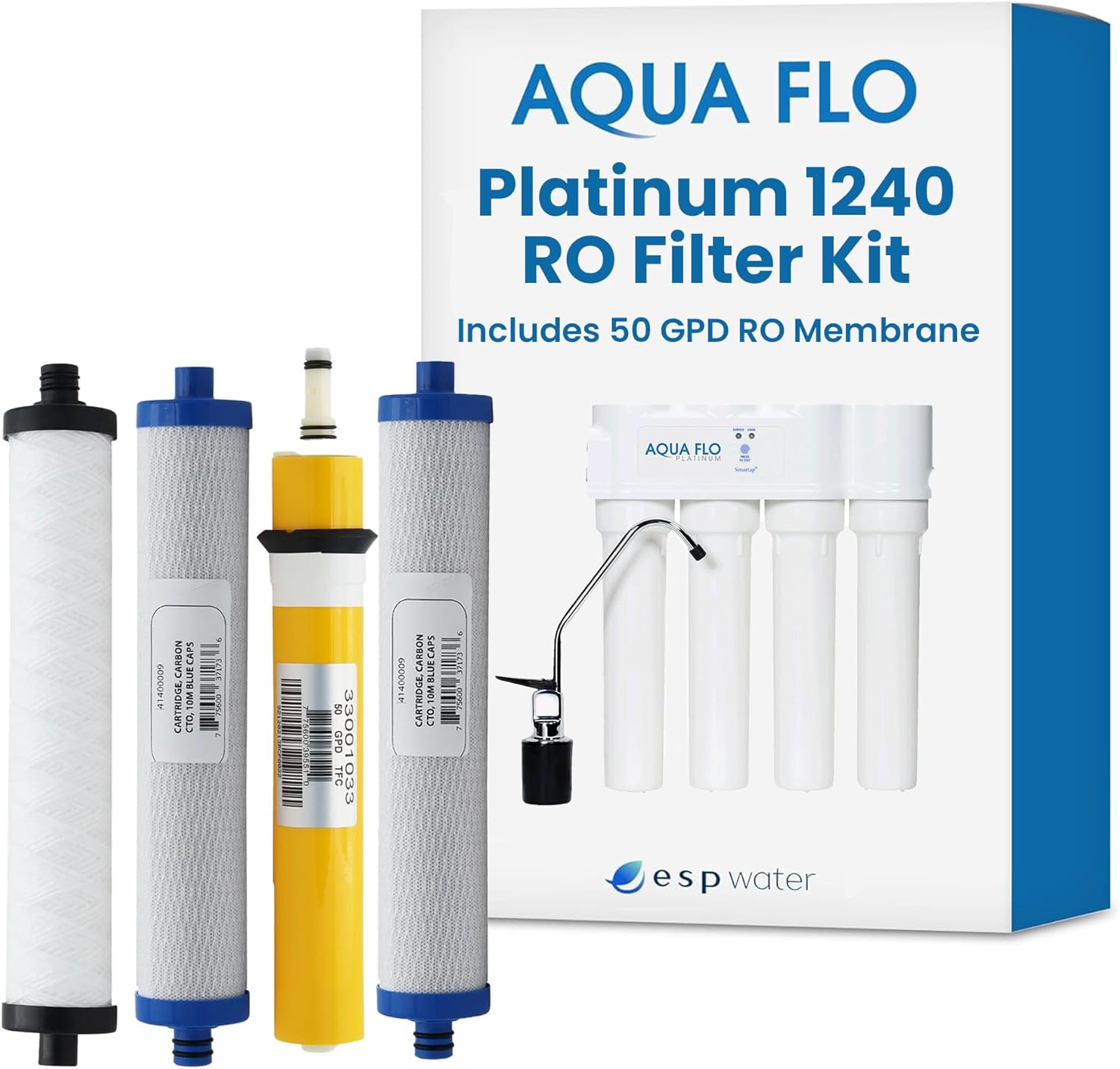 Genuine Aqua Flo Platinum 1240 RO Filter Replacement Kit with 50 GPD Membrane and Cartridges | 4-Stage Filtration, Easy Install, Contaminant Reduction, Improved Taste, Cost-Effective Water Solution