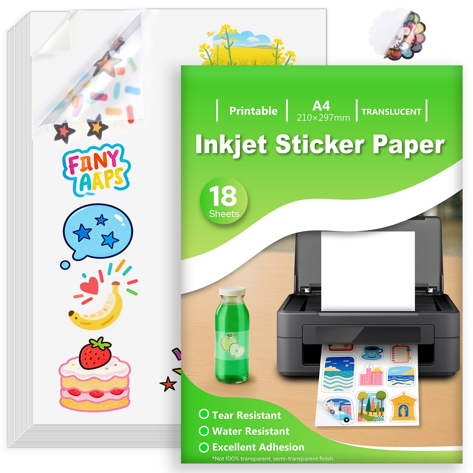 18 Sheets Sticker Paper for Printer A4, Translucent Waterproof Printable Vinyl Sticker Paper, Self-Adhesive Full Page for Inkjet Printers, Quick Dry, 210x297mm