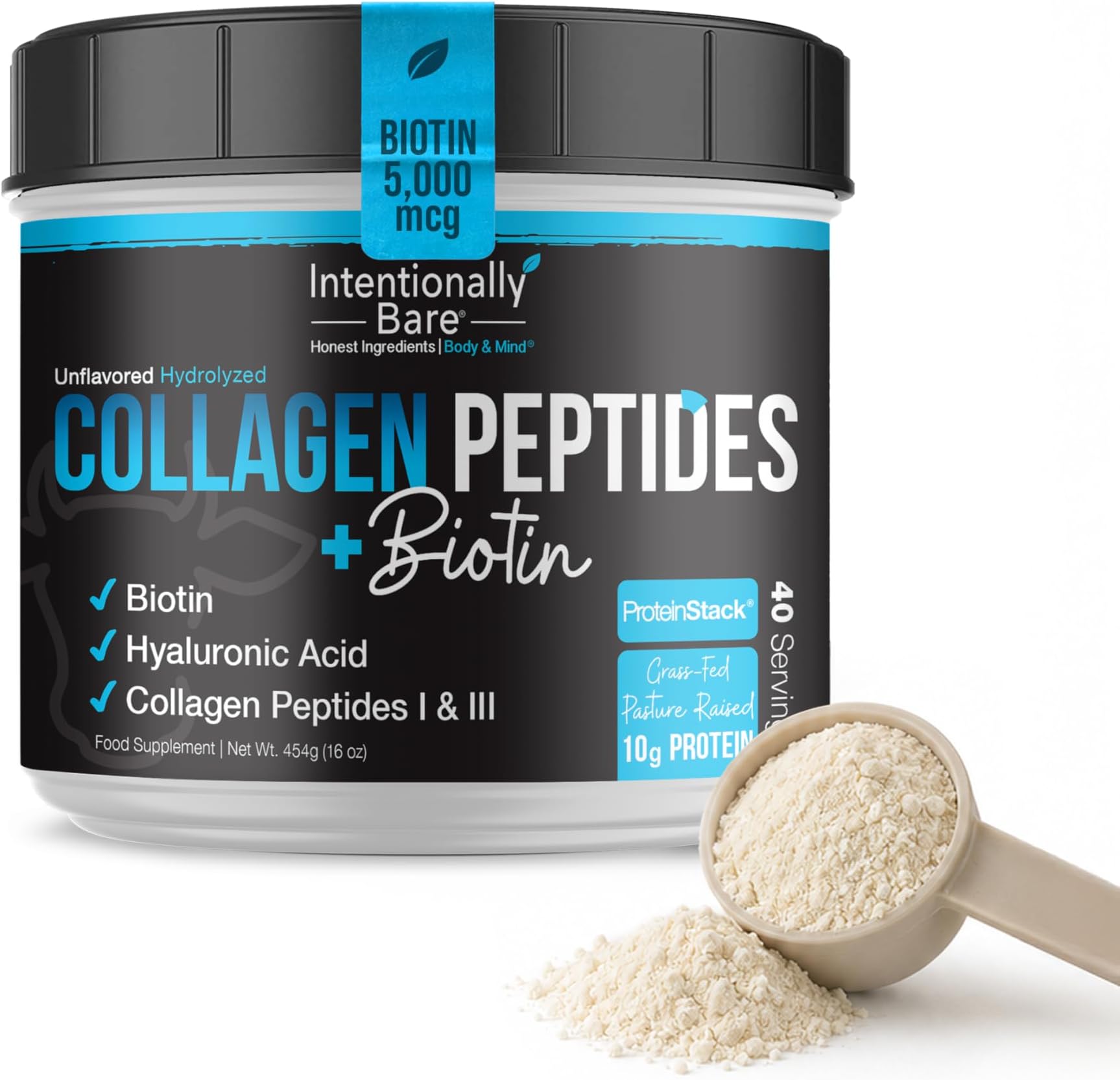 Intentionally Bare Grass Fed Hydrolyzed Collagen Peptides Powder - Bovine Collagen Powder โ with Biotin, Hyaluronic Acid, Vitamin C & Zinc - Peptides I & III โ 10g Protein -Unflavored - 40 Servings