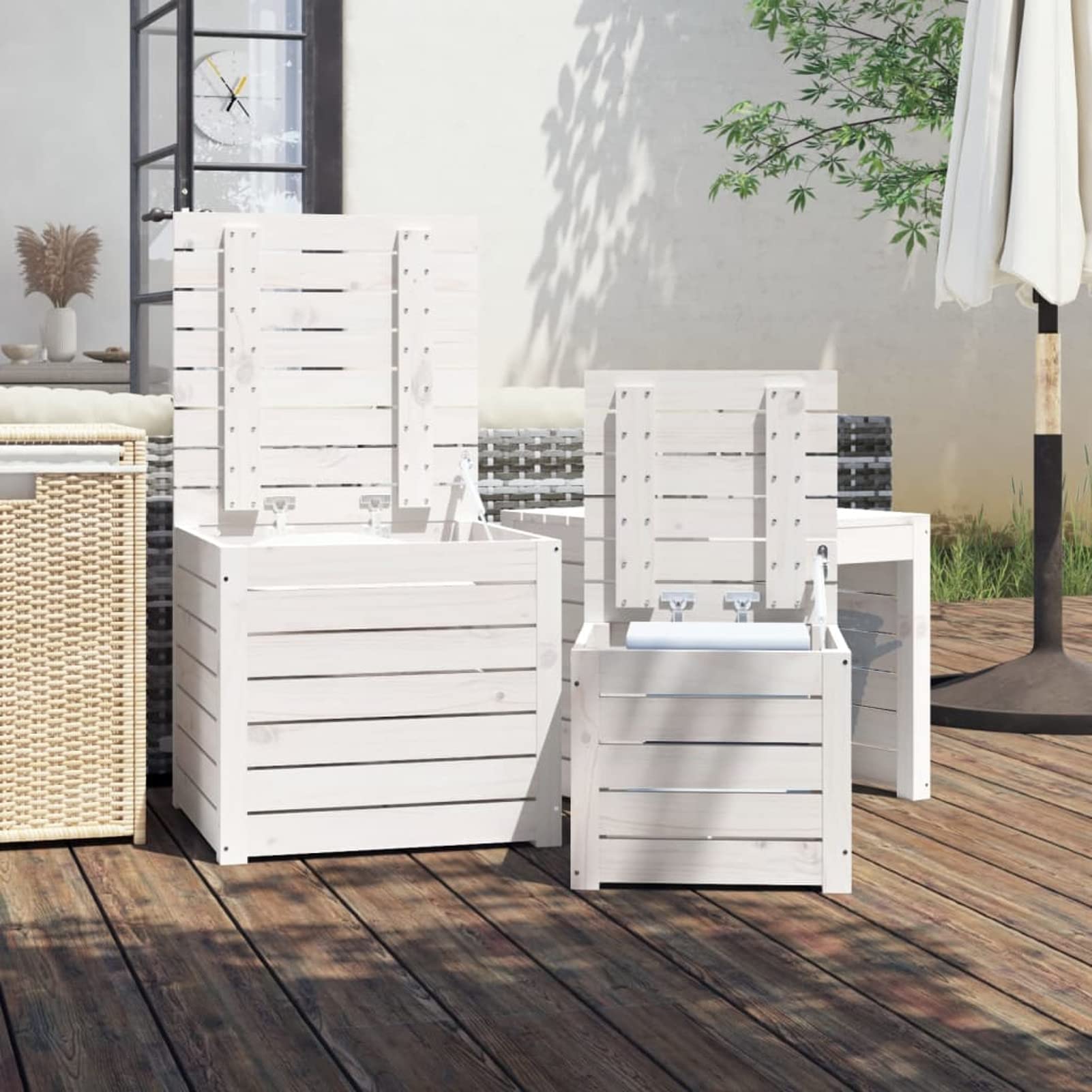 Gecheer Set di scatole da giardino, set di 3 pezzi, bianco legno di pino massiccio, contenitore di immagazzinaggio esterno, organizer per attrezzi da giardino, cassapanca per balcone, piscina,