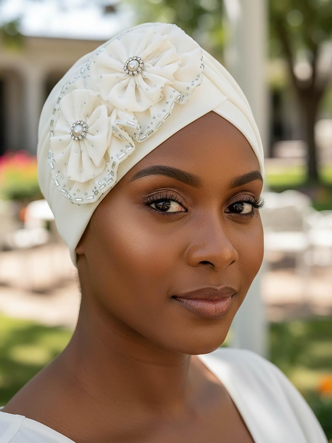 Woeoe Women Auto Gele Headwraps Gold Flower African Turban Pre Tied Beanie Caps Headwear - Image 7