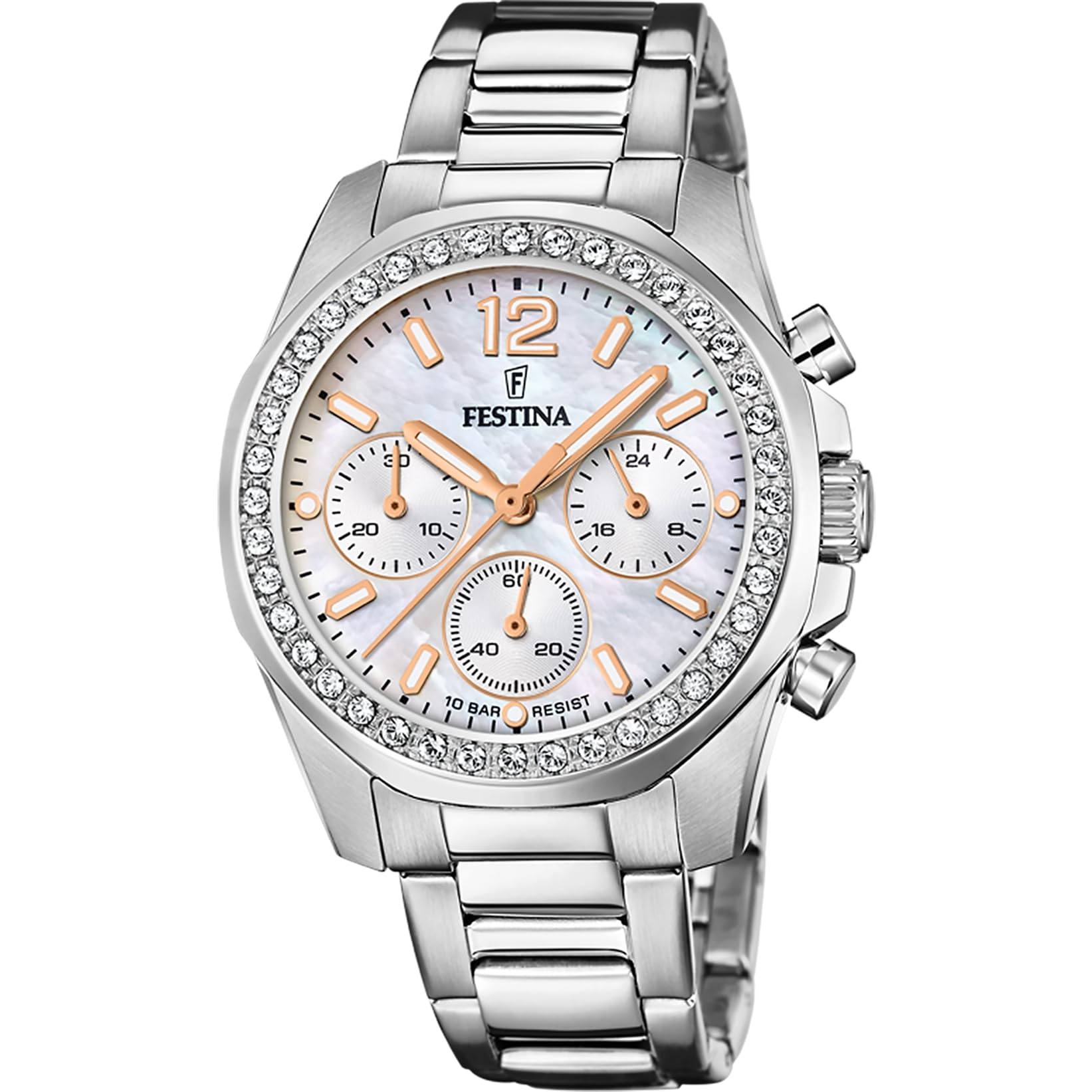 Festina Damen Uhr Analog Edelstahl 316L Silber - Quarz Chronograph - Mineralglas hochresistent - 10 ATM wasserdicht F20606/1 - Boyfriend Collection