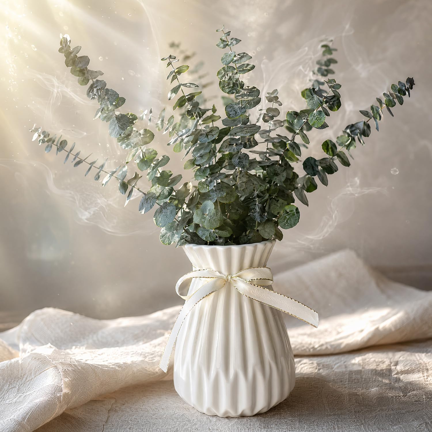 Lot de 10 véritables tiges d'eucalyptus séchées dans un vase en céramique pour décoration de douche et salle de bain, 33 cm