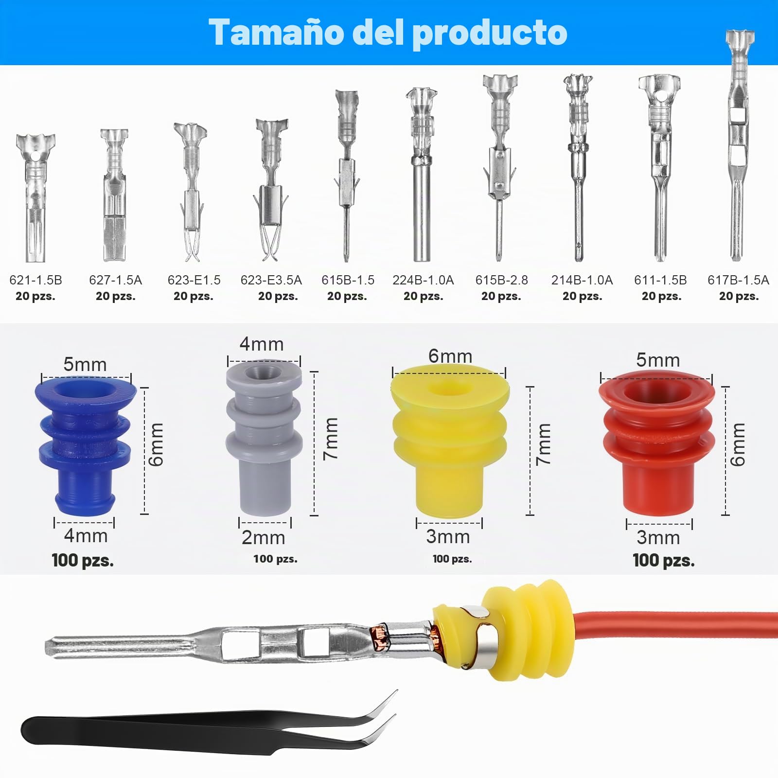 Fentar Terminales Eléctricos 600 piezas, Conectores Electricos Rapidos con Herramienta de Extracción 18 piezas, Conectores Cables Electricos con 400 piezas Enchufe Aislante de Silicona y 1 Pinza