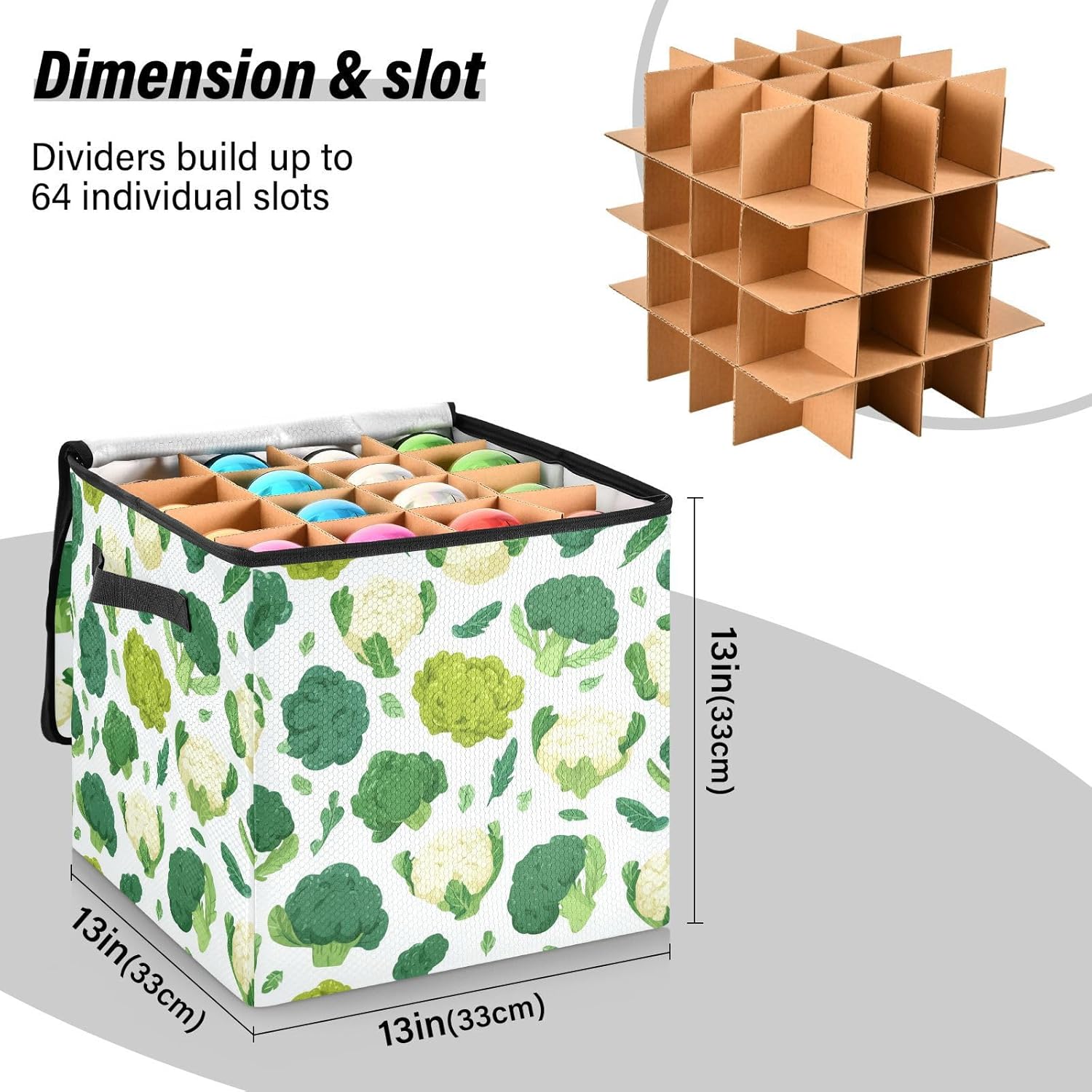 OTVEE Christmas Ornament Storage Box Holiday Decoration Organizer Stores upto 64 Holiday Ornaments Adjustable Dividers Tear-Proof Fabric Fresh Veggie Decor