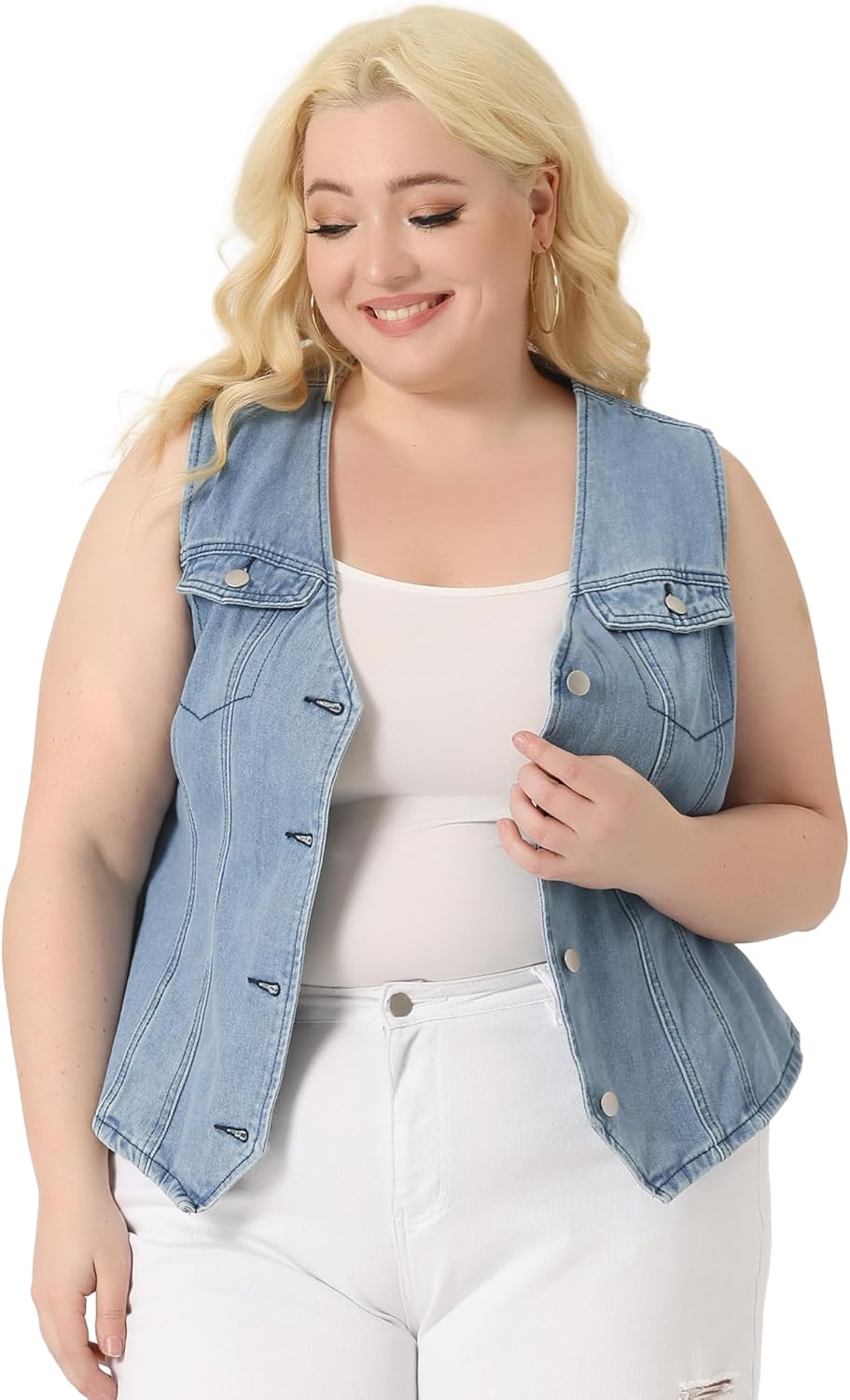 Agnes Orinda Plus Size Denim Vests for Women V Neck Sleeveless Utility Jean Jacket Vests - Image 3