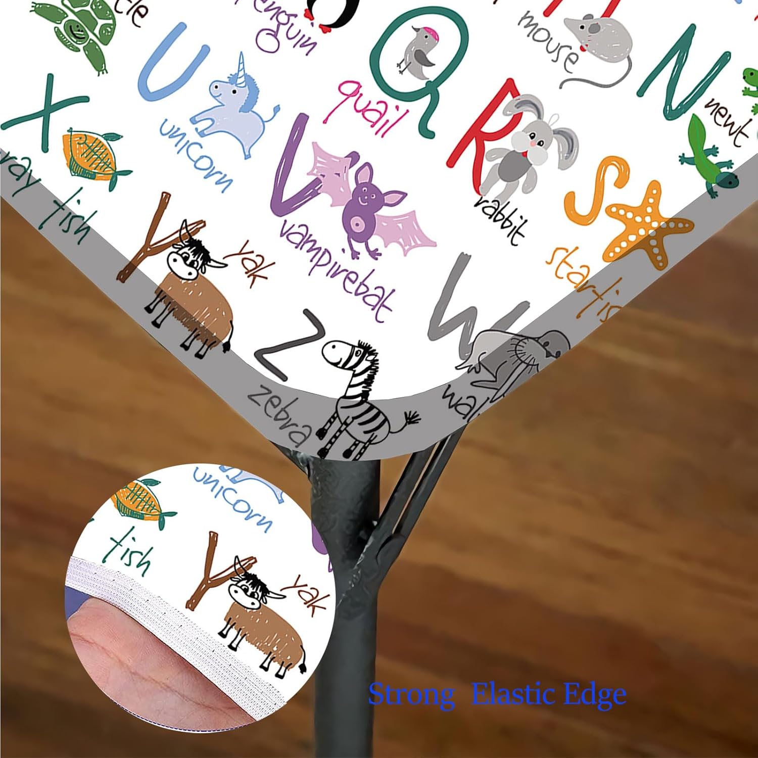 Cartoon Elastic Edged Tablecloth, Childrens Drawing Zoo Alphabet Washable Spill Proof Table Cover, Fits 40x40 inch Table, for Restaurants Picnic Patio Party Table Decor, Multicolor