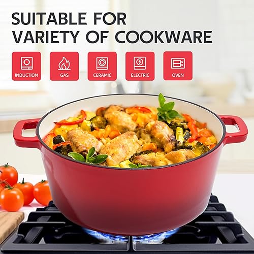 Miniatura 5 de Olla de horno holandés de hierro fundido esmaltado 2 en 1, 6 cuartos de galón con tapa de 2 cuartos de galón, asas dobles grandes, apta para horno