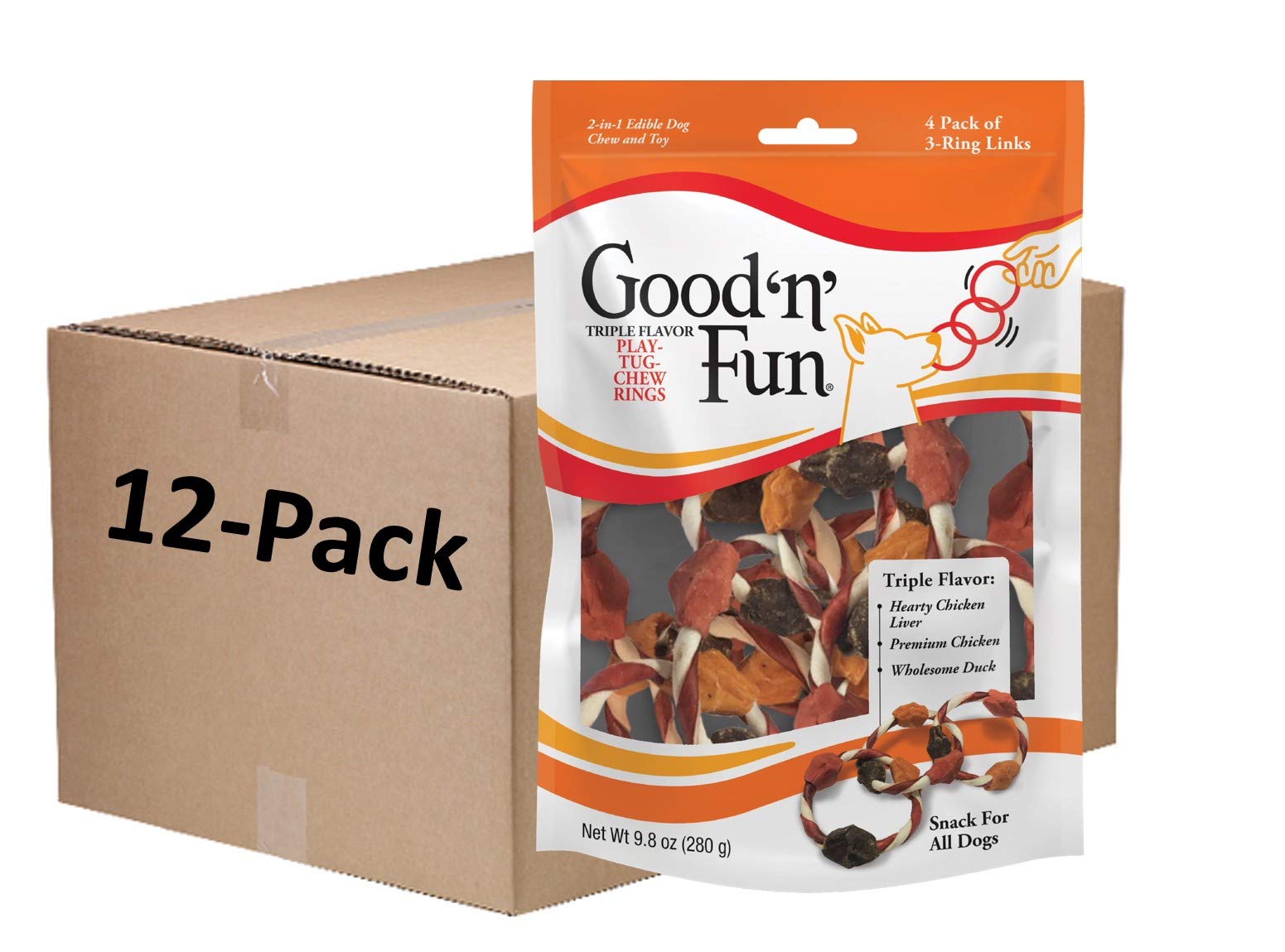 Good'n'Fun Good ’n’ Fun Triple Flavor Play-Tug-Chew Rings 4 Count, Snack for All Dogs (1 case of 12 Individual Packs)
